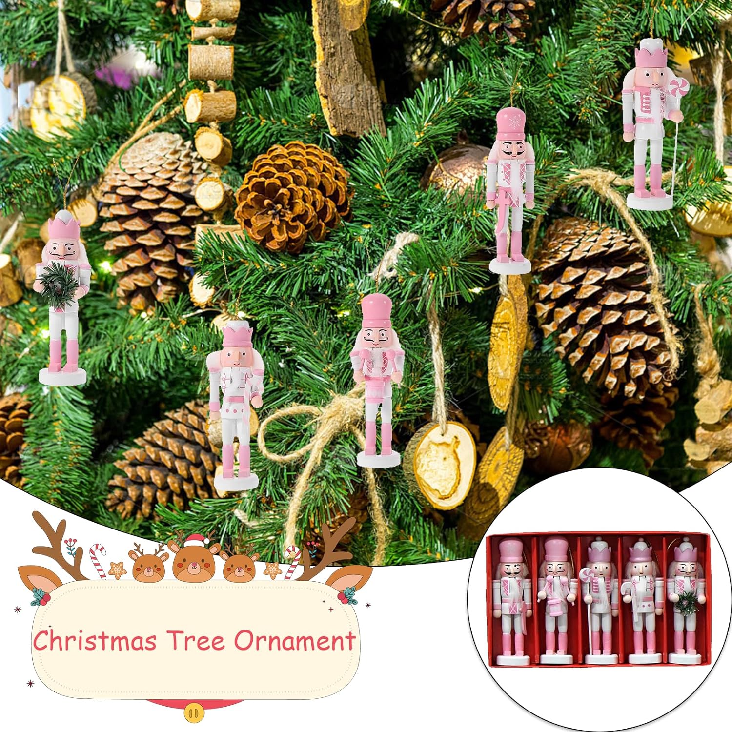5 PCS Christmas Nutcracker Ornament Set Wooden Nutcrackers Hanging Decoration Nutcracker Figures Christmas Decorations for Xmas Tree, Table Decor, Wall(Pink) - Image 5