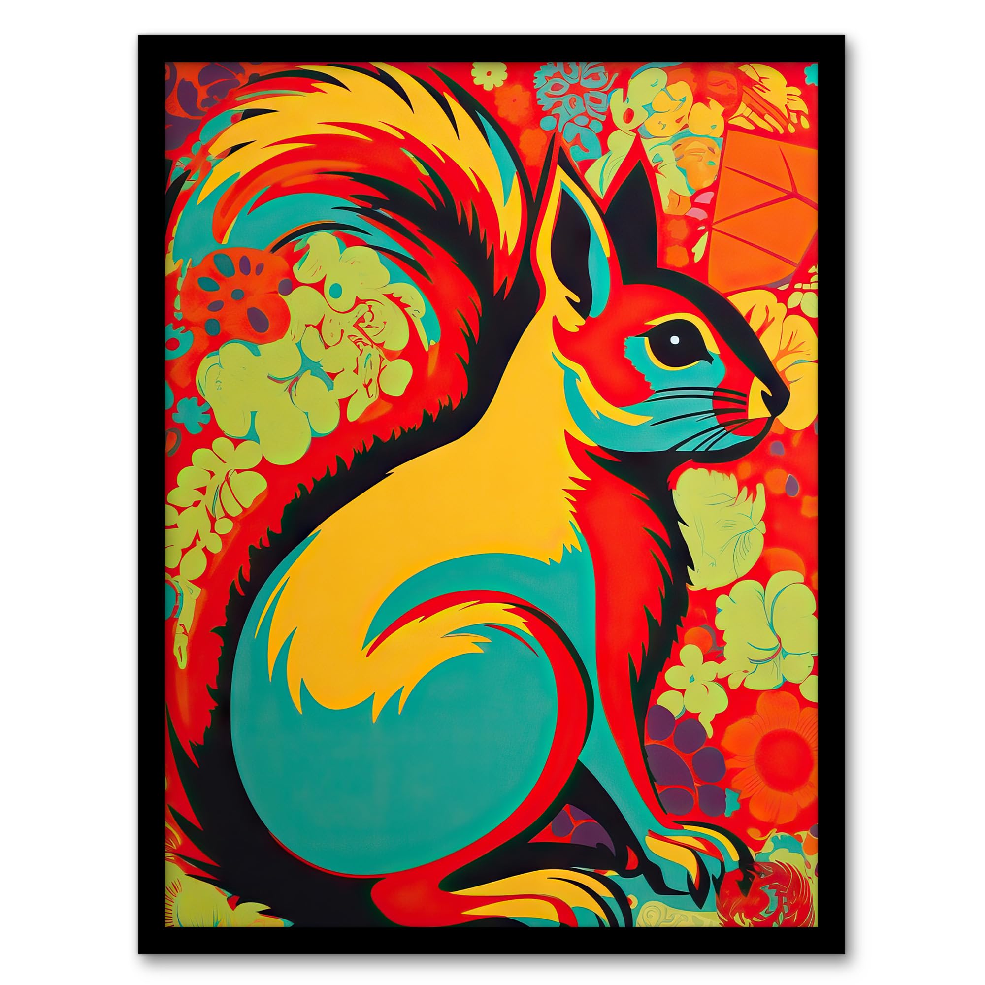 Artery8 Autumn Squirrel Screenprint Neon Red Orange Yellow Teal Abstract Vibrant Bold Bright Colourful Painting Artwork Framed Wall Art Print A4