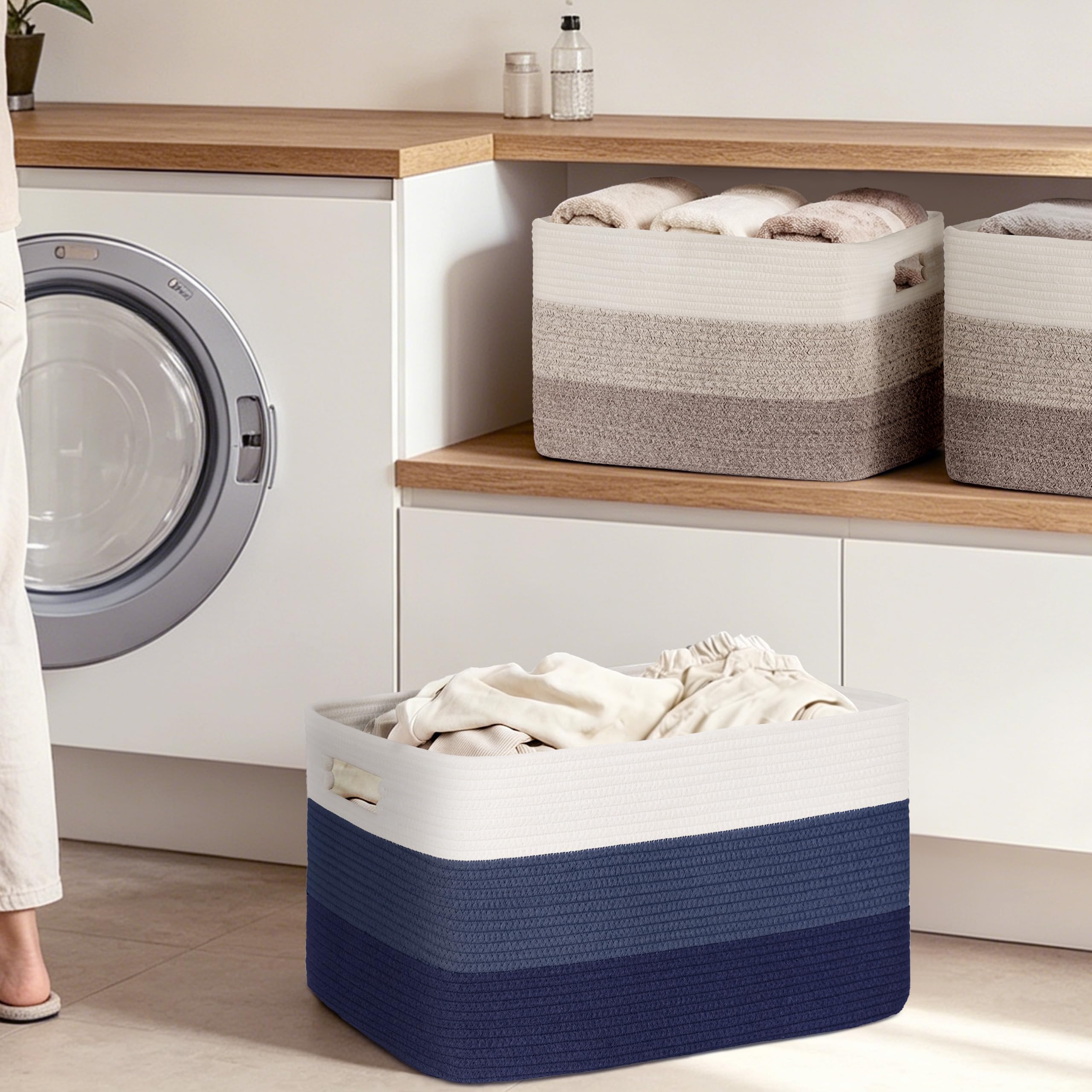 Gran organizador 60L en cuerda de algodón, cesto para juguetes, mantas, ropa, trenzado con asas, recogedor de ropa de tela para decoración de habitación infantil o salón, degradado azul