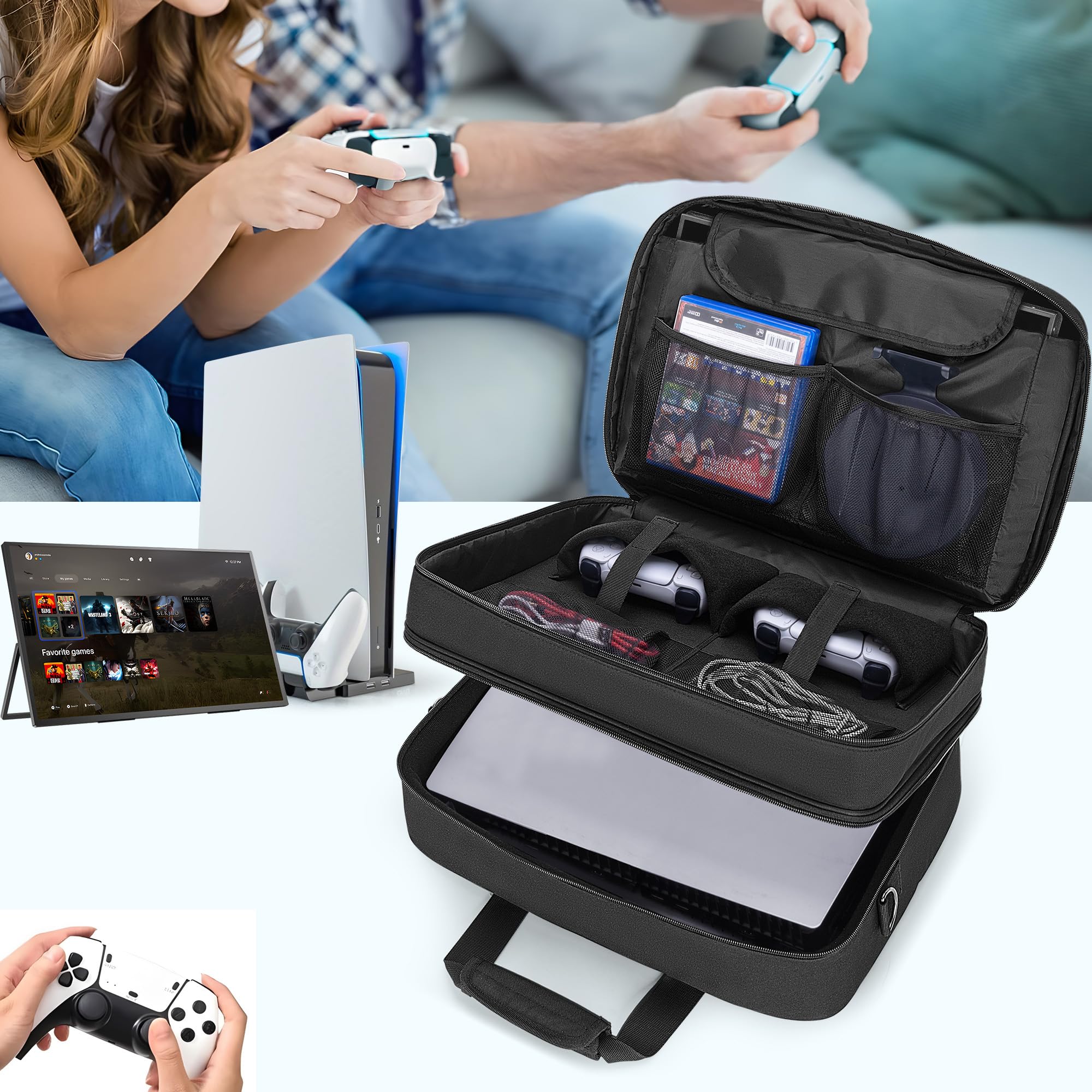 CURMIO Bolsa de Transporte Compatible con PS5, PS5 Slim, PS4, Negro | Funda de Viaje para Consola de Doble Capa, Compartimento Acolchado para Portátil, Bolsa Vacía