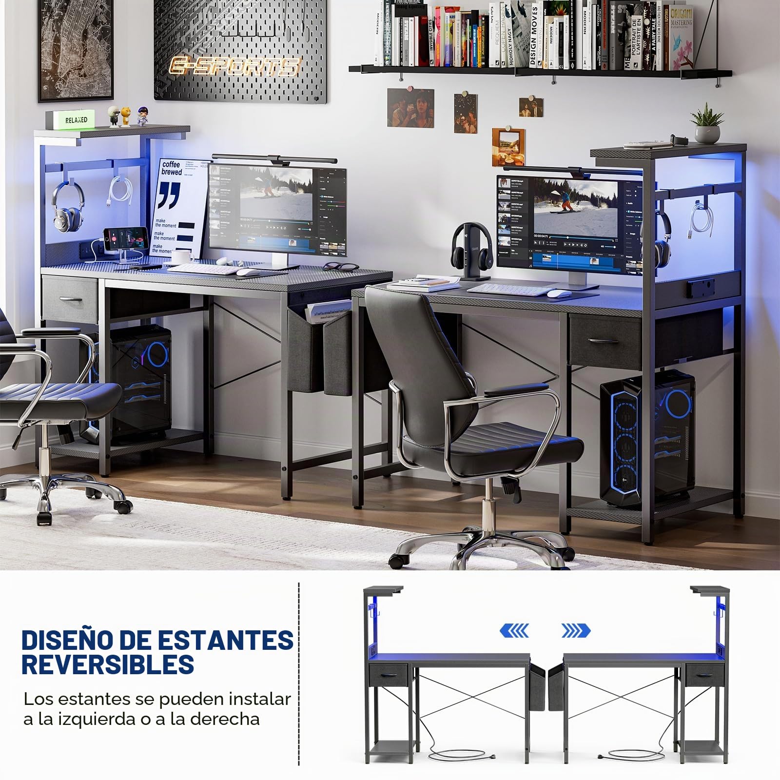 Grandder Escritorio para juegos de 55 pulgadas con toma de corriente y luz LED, escritorio para computadora con estantes reversibles y cajón de almacenamiento, escritorio pequeño para mesa de oficina
