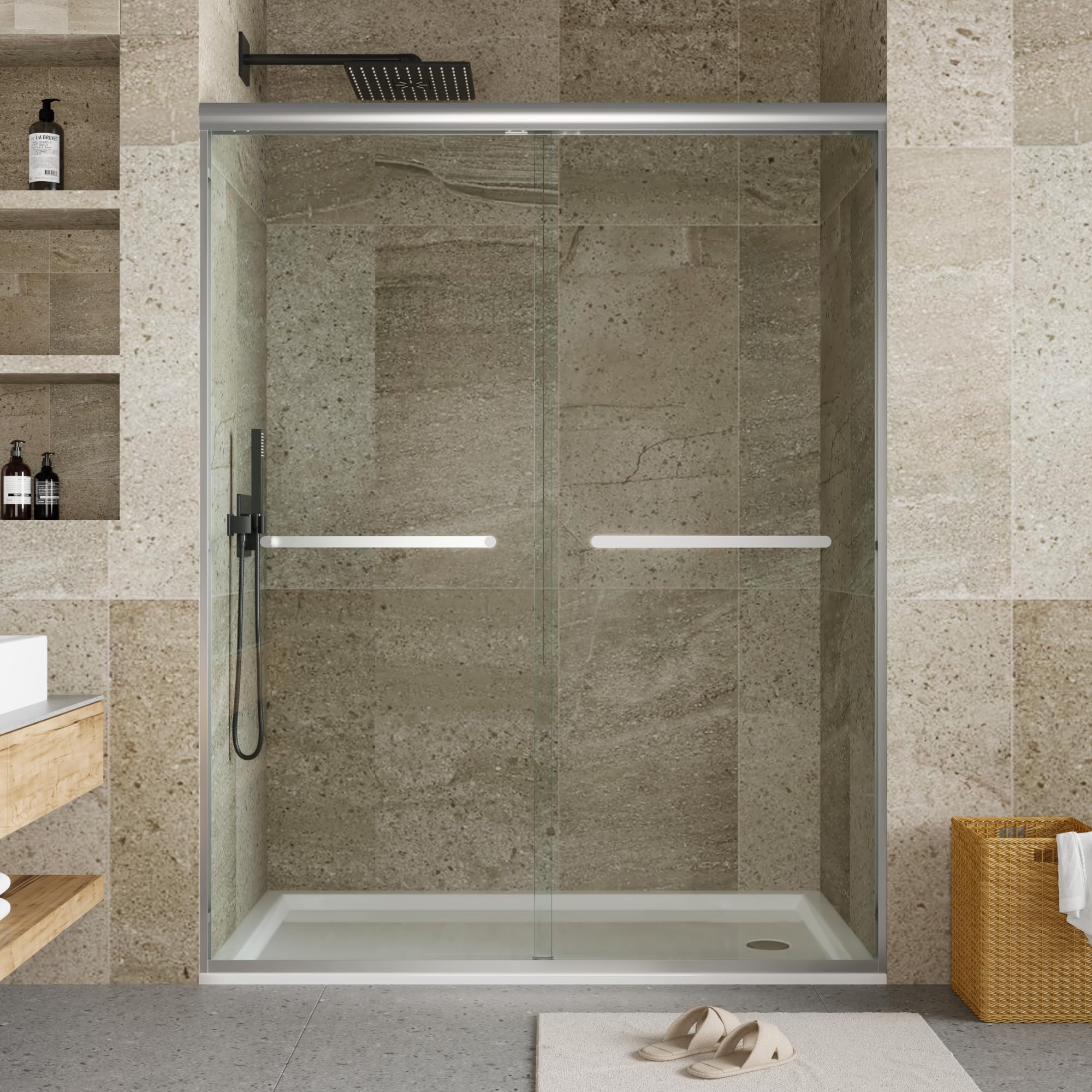 Semi-Frameless Shower Door 44-48" W x 72" H, Double Sliding Doors, Tempered Glass, Easy-Clean &amp; Durable Bathroom Door with Hardware Kit
