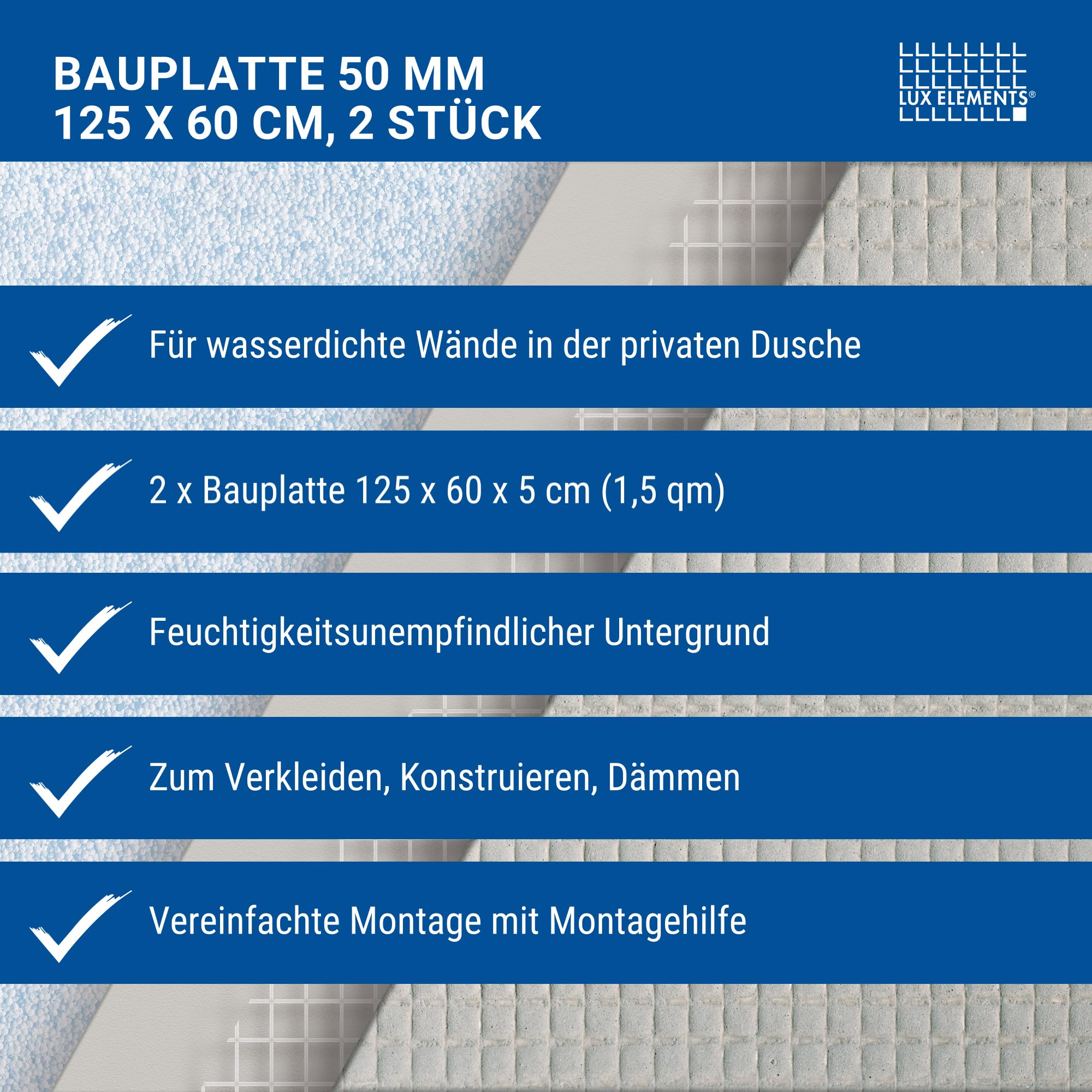 LUX ELEMENTS Bauplatte Fertig zum Verfliesen 125 x 60cm 2 Stk. I Hartschaumplatte 50mm aus expandiertem Polystyrol mit Spezialmörtel Beschichtung I Schimmelresistent