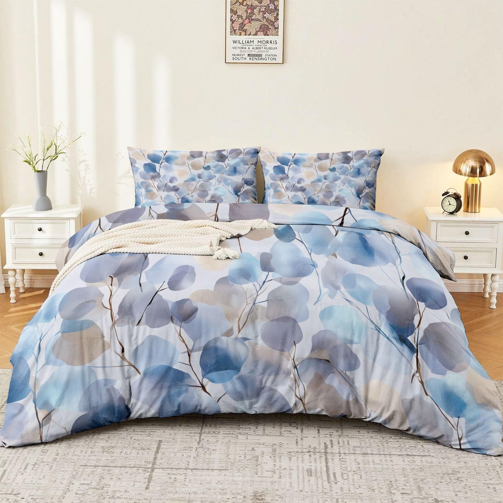 Komplet pościeli 200 x 200 cm – niebieska dziewczęca pościel dwustronna z mikrofibry, nowoczesna akwarela, liście eukaliptusa, rośliny, miękka i nie wymaga prasowania, poszewka na kołdrę z zamkiem