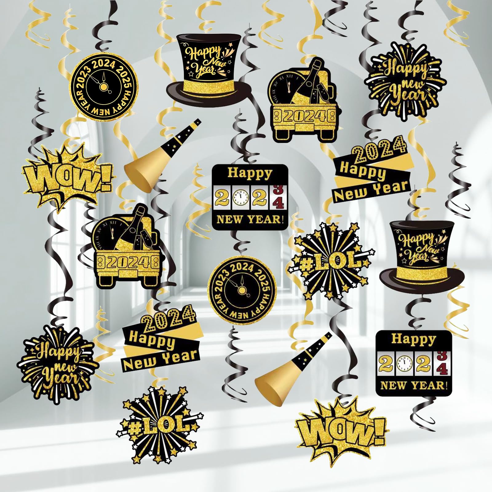 Rossorha New Year Hanging Swirls Party Decorations Pack of 30,No DIY Happy New Year Hanging Decorations,New Years Eve Party Supplies 2024 New Years Decor Gold Black Hollywood NYE Decorations