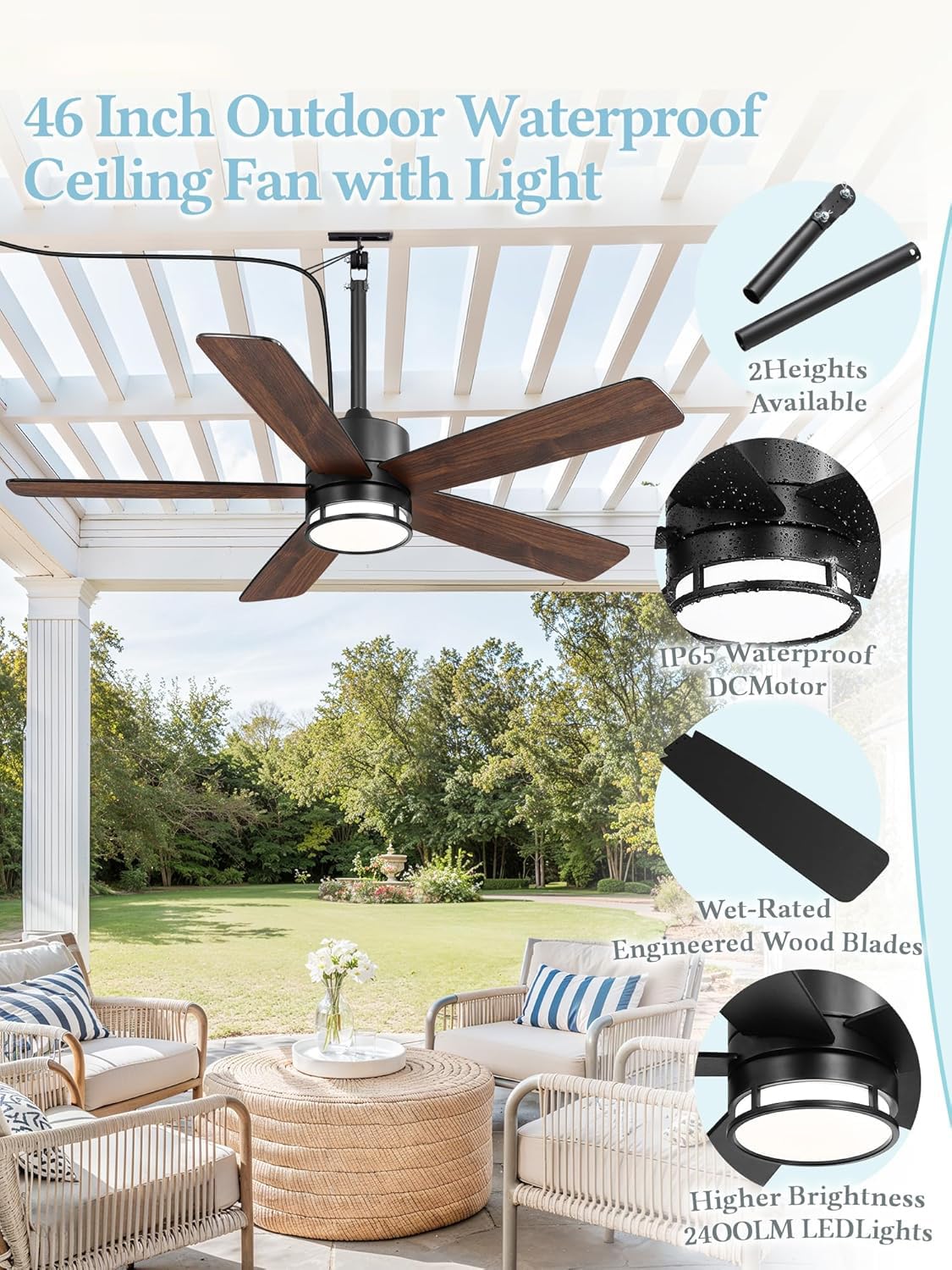 116cm Outdoor Deckenventilator mit Beleuchtung für Draußen LED Ventilator Deckenleuchte Leiser DC-Motor mit Fernbedienung 6 Geschwindigkeiten Sommer-Winterbetrieb für Wohnzimmer Schlafzimmer