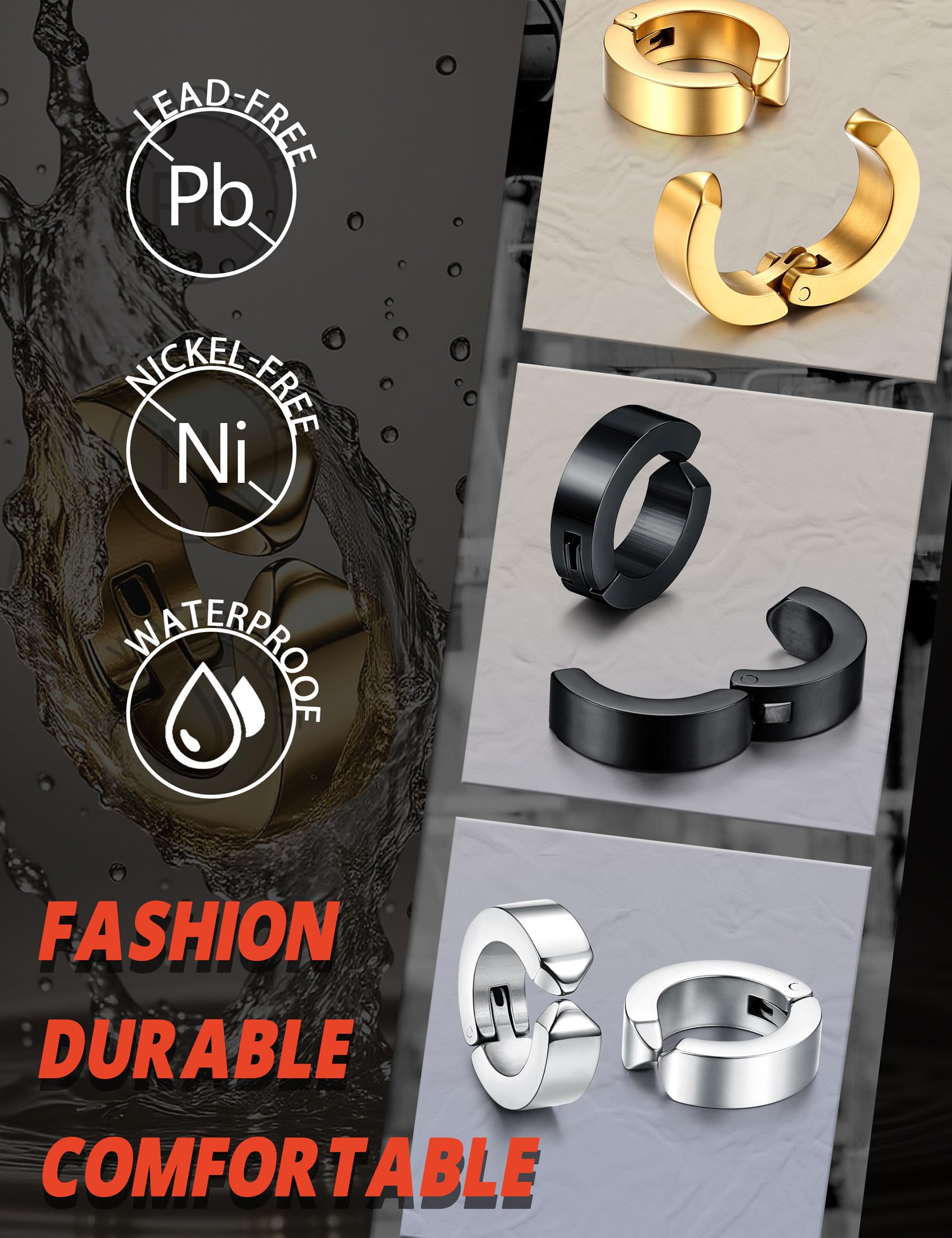 3 – 4 pares de aretes de argolla de acero inoxidable, cierre estilo broche, sin perforación , acero inoxidable, F: un par, blanco , MWE10771 3