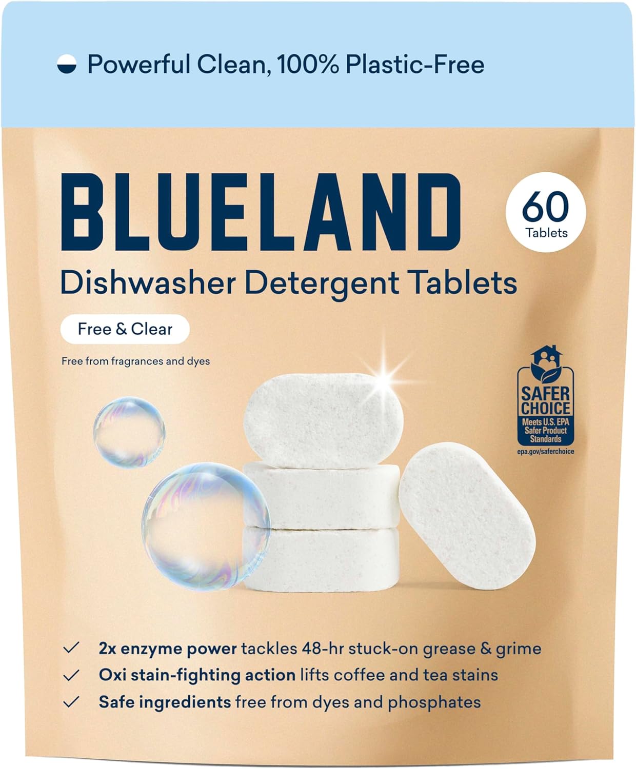 BLUELAND 100% Plastic-Free Dishwasher Detergent Tablets, 60 Count, Unscented Eco Friendly Dishwashing Pods, Natural, Sustainable BLUELAND 100% Plastic-Free Dishwasher Detergent Tablets, 60 Count, Unscented Eco Friendly Dishwashing Pods, Natural, Sustainable