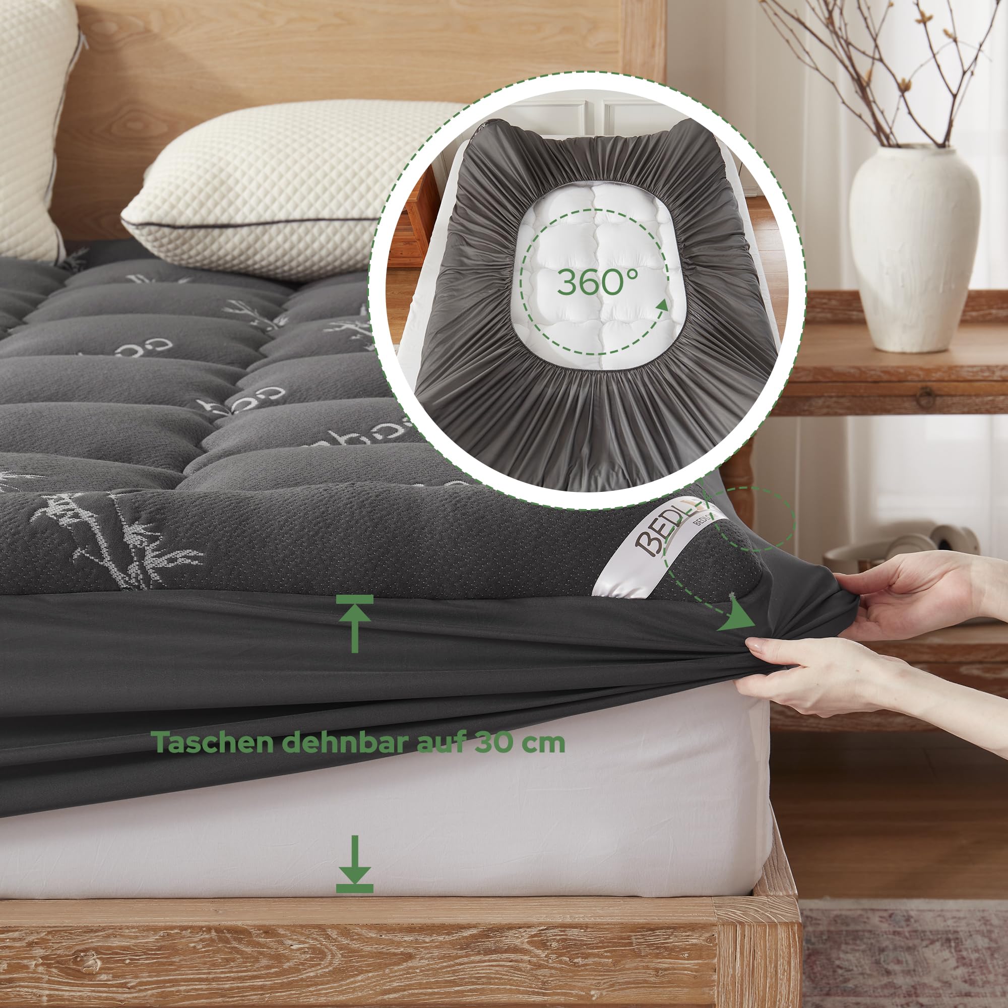 BEDLORE Matratzentopper 140x200cm aus Bambusfaser-Viskose Matratzenauflage mit Dehnbaren Taschen für 30cm Matratze,Weiche Matratzenauflage zur Linderung von Rückenschmerzen (Dunkelgrau)