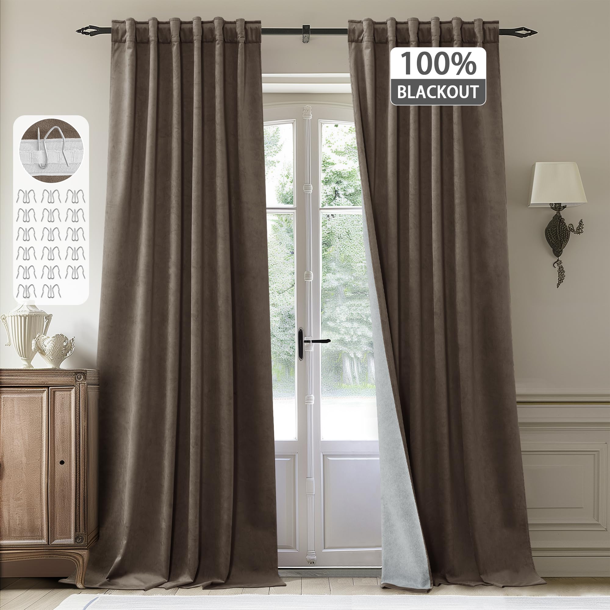 StangH Taupe Velvet Curtains 96 inches Long Total Blackout Liner Heavy Thick Panels Hook Belt Back Tab Thermal Insulated Drapes for Living Room