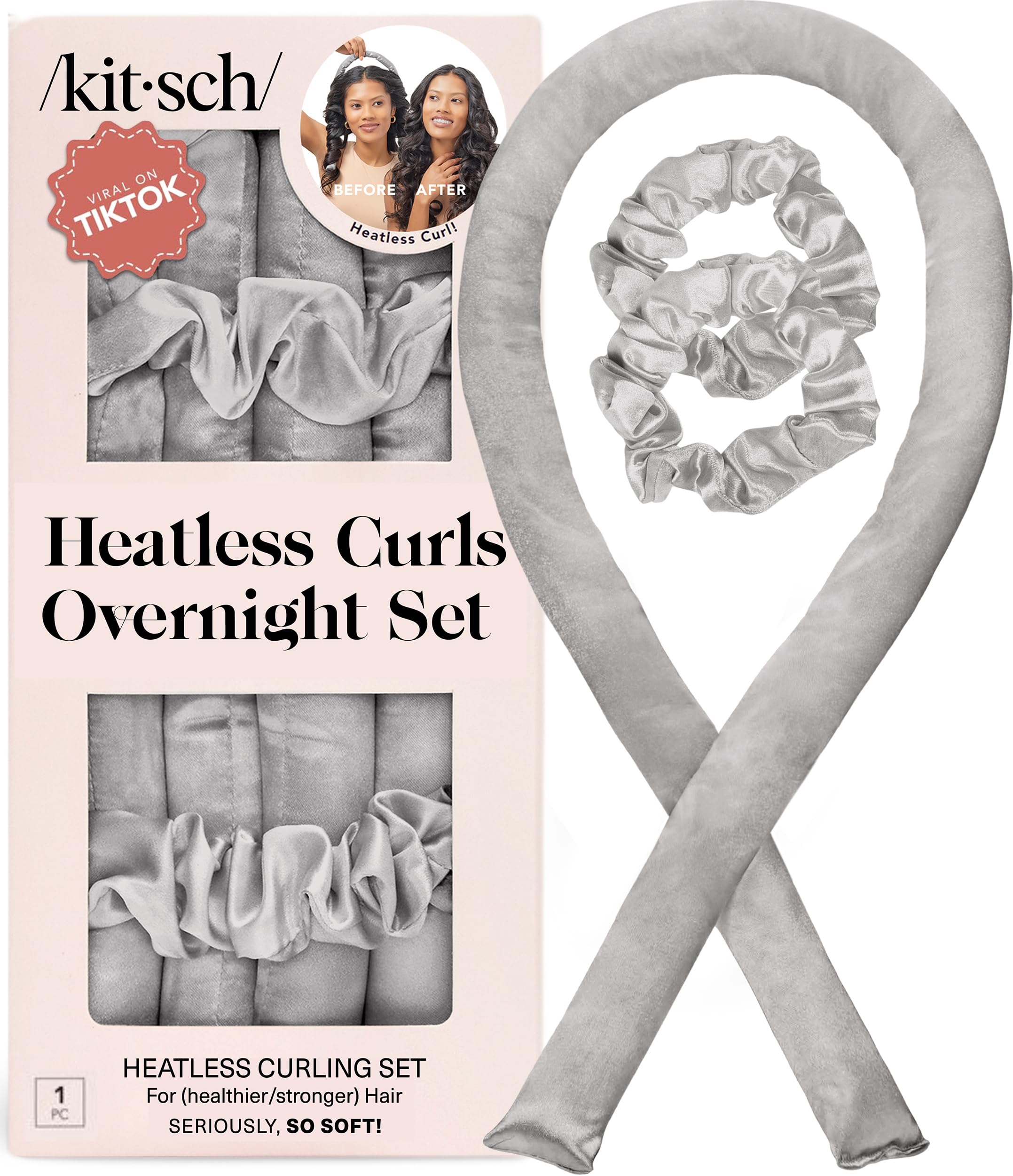 Kitsch Satin Heatless Curling Set - Heatless Hair Rollers & Curler Headband | Sleep in Curls (Silver)