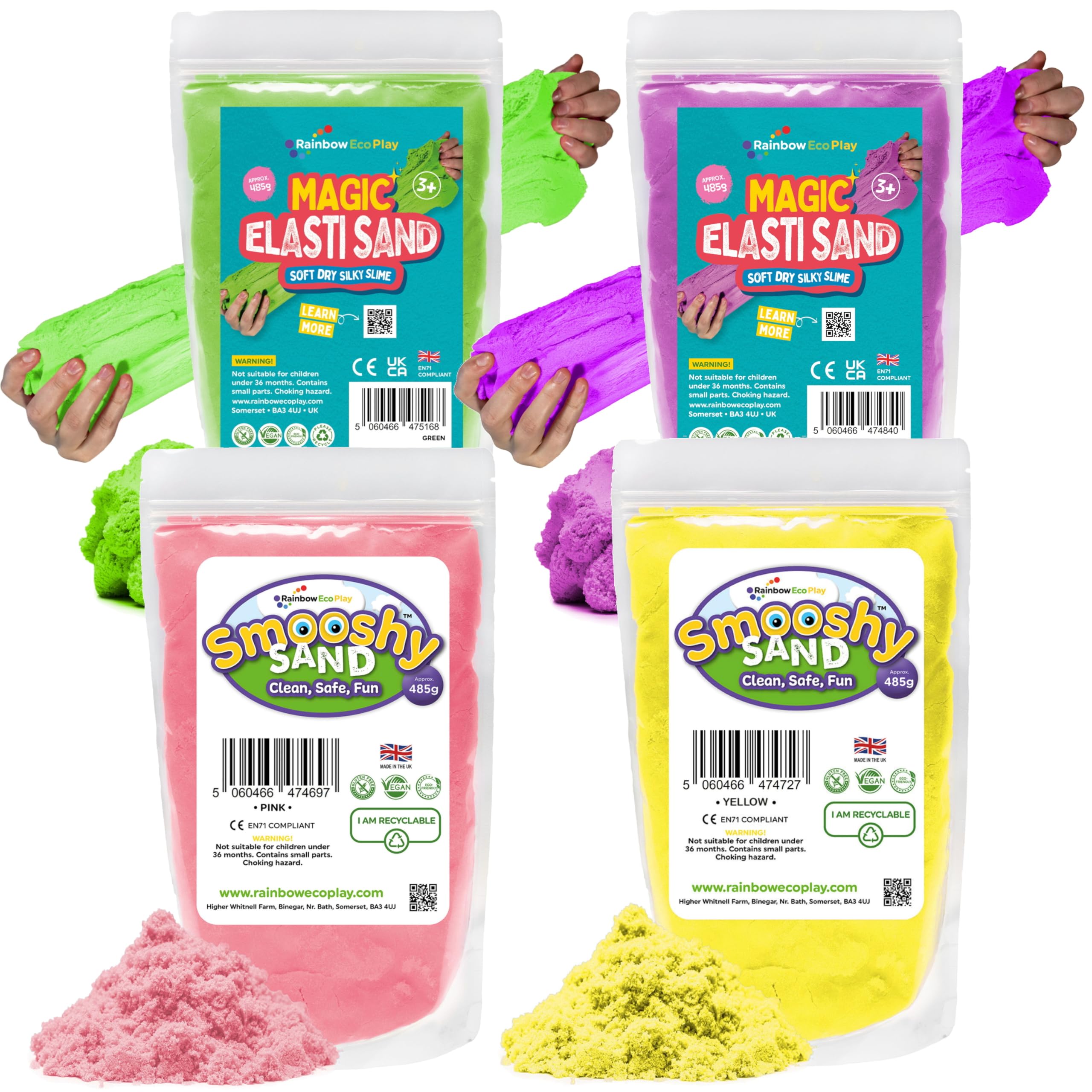 Rainbow Eco Play - Magic Sand Elasti and Smooshy - Assorted Colours – 4 x 485g - Childrens Coloured Sand for Kids - Moulding and Stretchy - Ideal for Sensory Play
