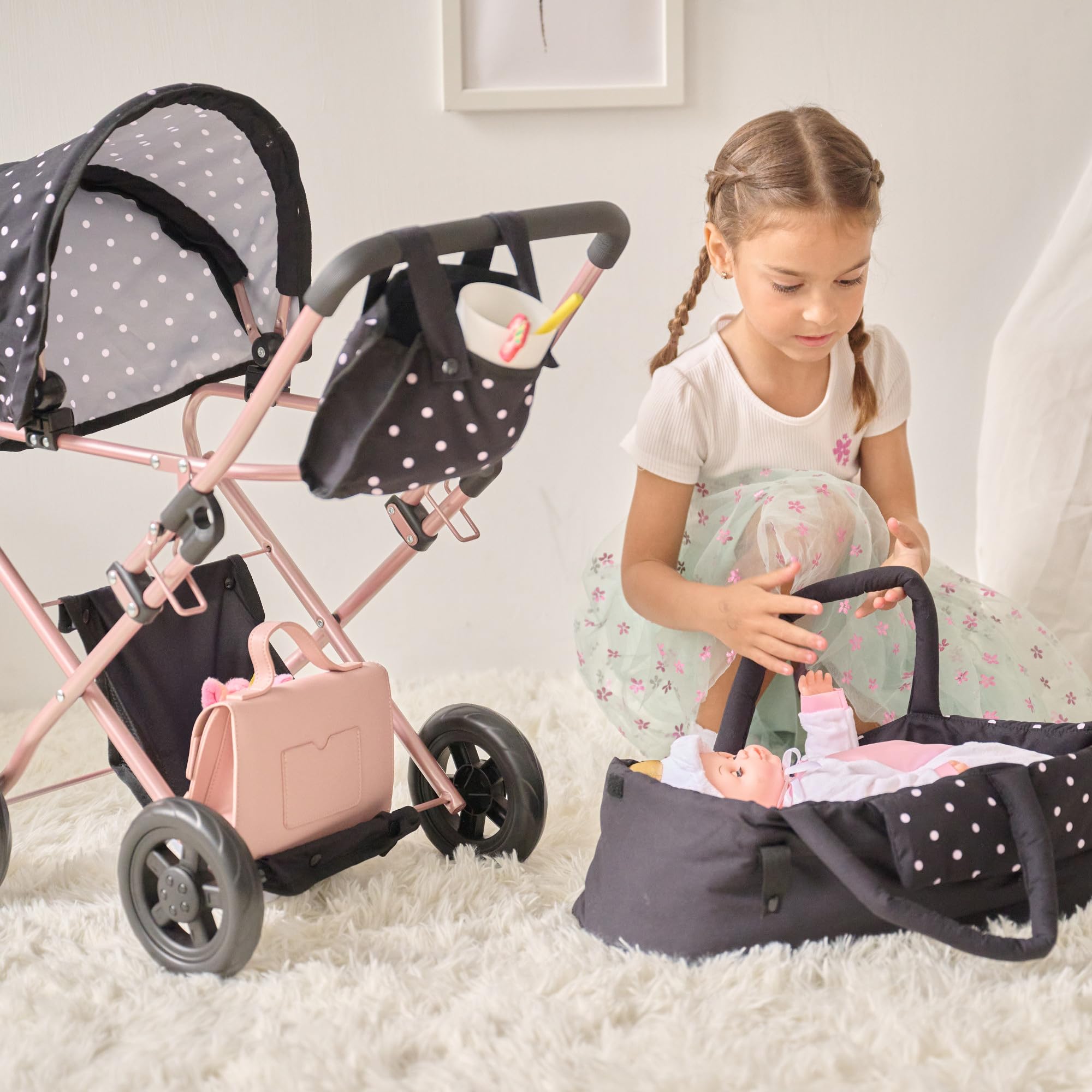Teamson Kids Cochecito para Muñecas 2-en-1 Classic, Negro, para Niños +3 Años, Metal y Poliéster, 56 x 37 x 64 cm, Olivia's Little World, 1.8 kg