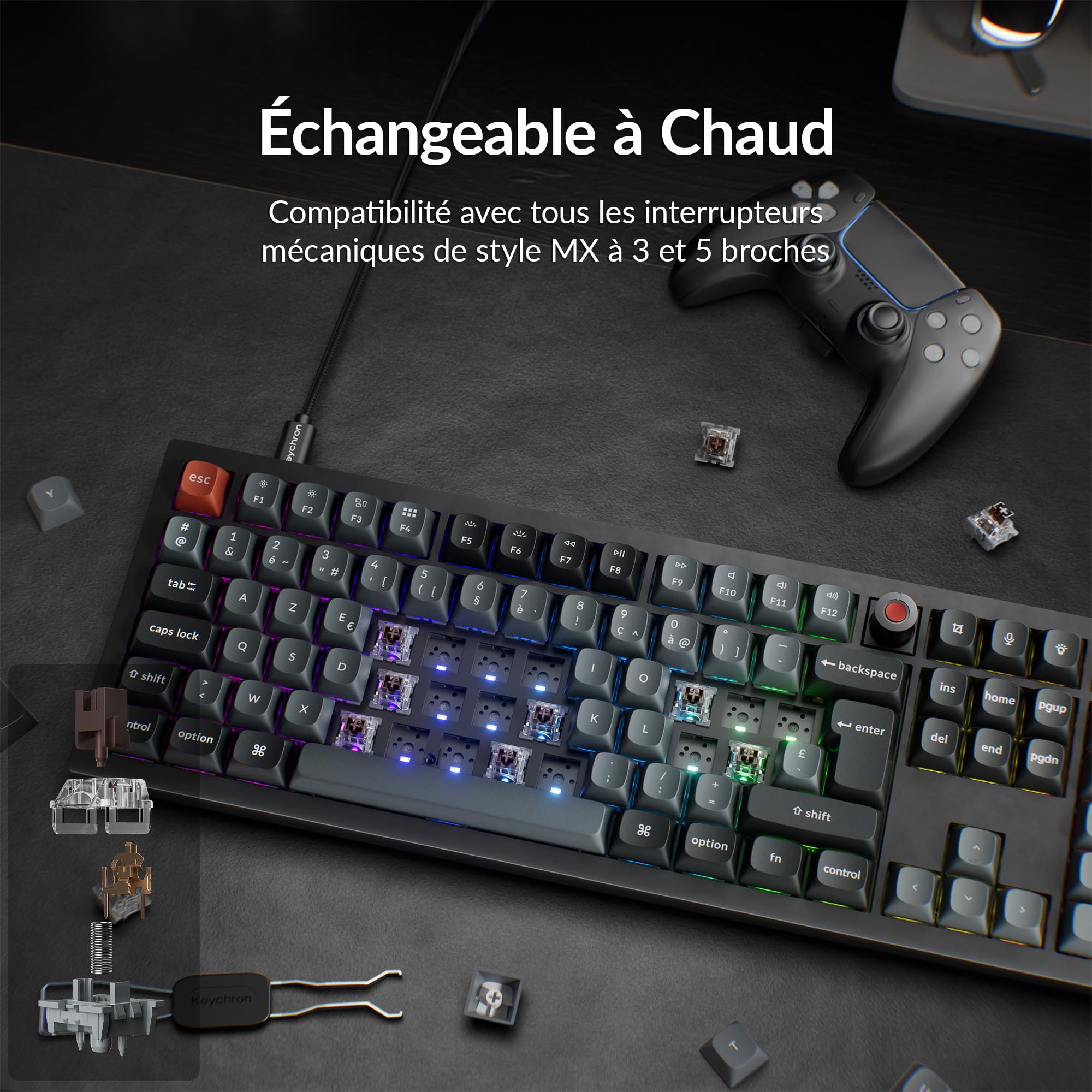 Keychron V6 8K Clavier Mécanique Filaire avec Knob, ISO-FR Layout, 8000 Hz Polling Rate, Programmable QMK, Touches OSA PBT, Interrupteur Marron, Rétroéclairage RGB, Compatible Mac, Windows et Linux