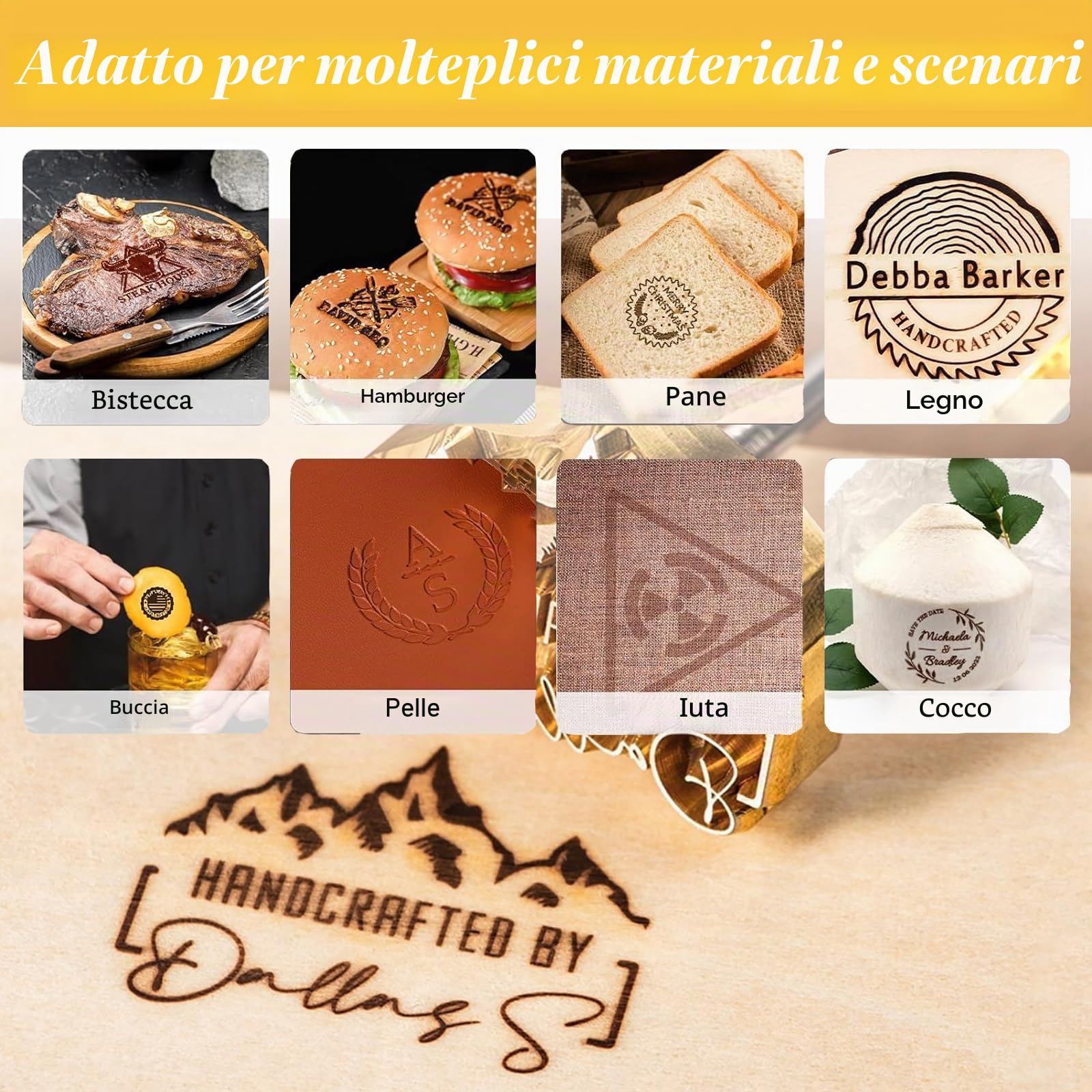 Ferro da stiro personalizzato per hamburger Logo personalizzato per pelle di legno, barbecue, cocco, bistecca (2.54cm)