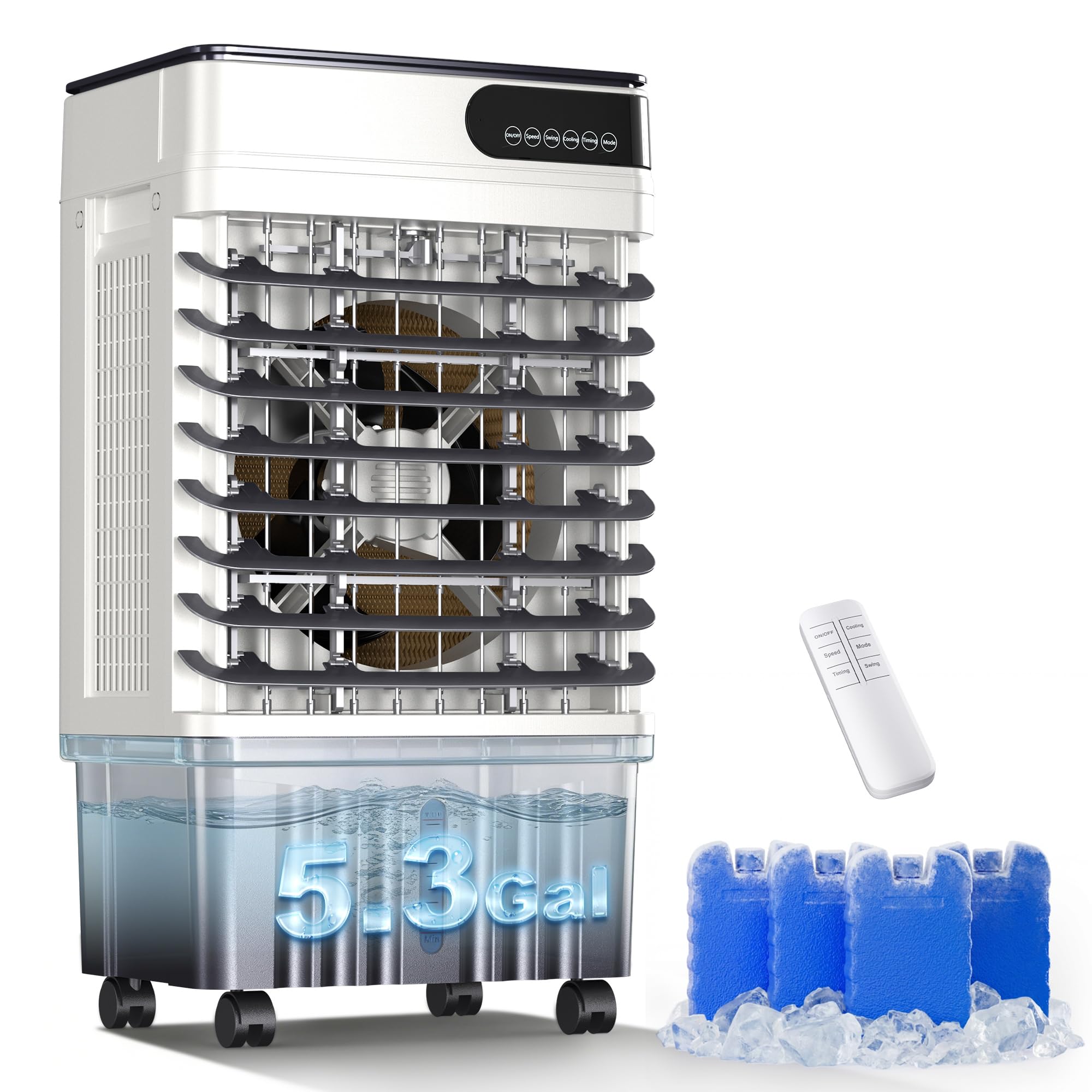 MEPTY 1800CFM Swamp Cooler, Evaporative Air Cooler with 5.3 Gallon Water Tank, 4 Ice Packs, 3 Speeds&Modes, 12H Timer, 120°Oscillation, Remote, Portable Outdoor Air Conditioner for Patio Garage Use