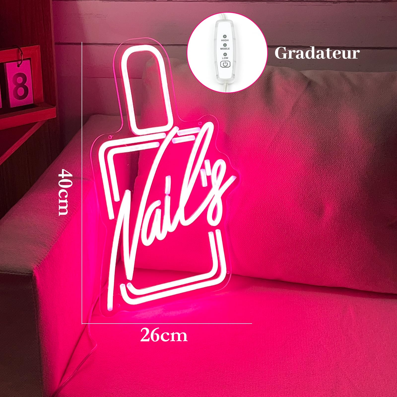 Enseignes Lumineuses Nails LED Neon Wall Decoration Sign Rose Neon Signs Night Lights pour Décoration Murale, Chambre,Magasin de Manucure(26 x 40cm)