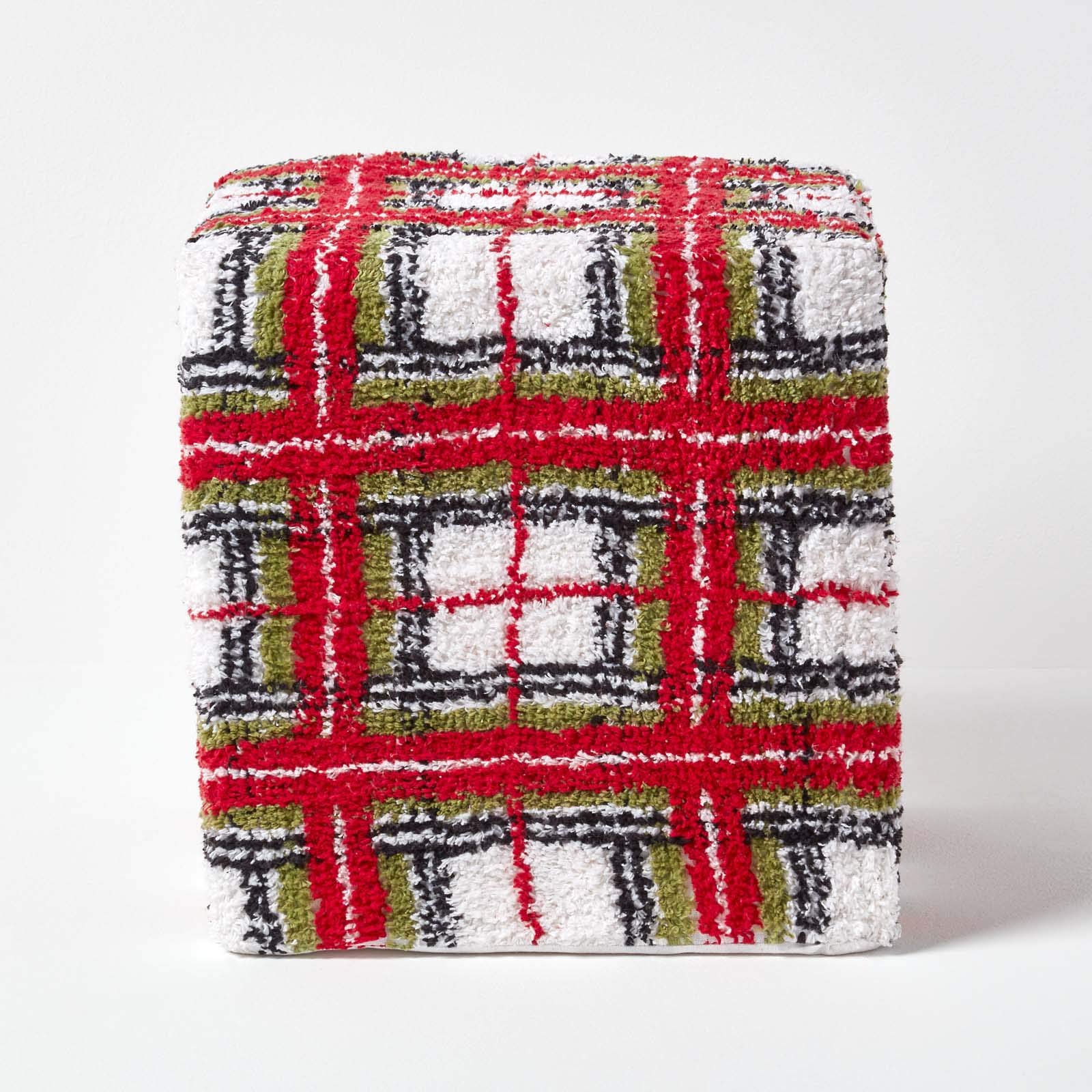 HOMESCAPES Pouf carré Coton Chenille aux Motifs Tartan Rouge et Blanc 36 x 36 x 38 cm