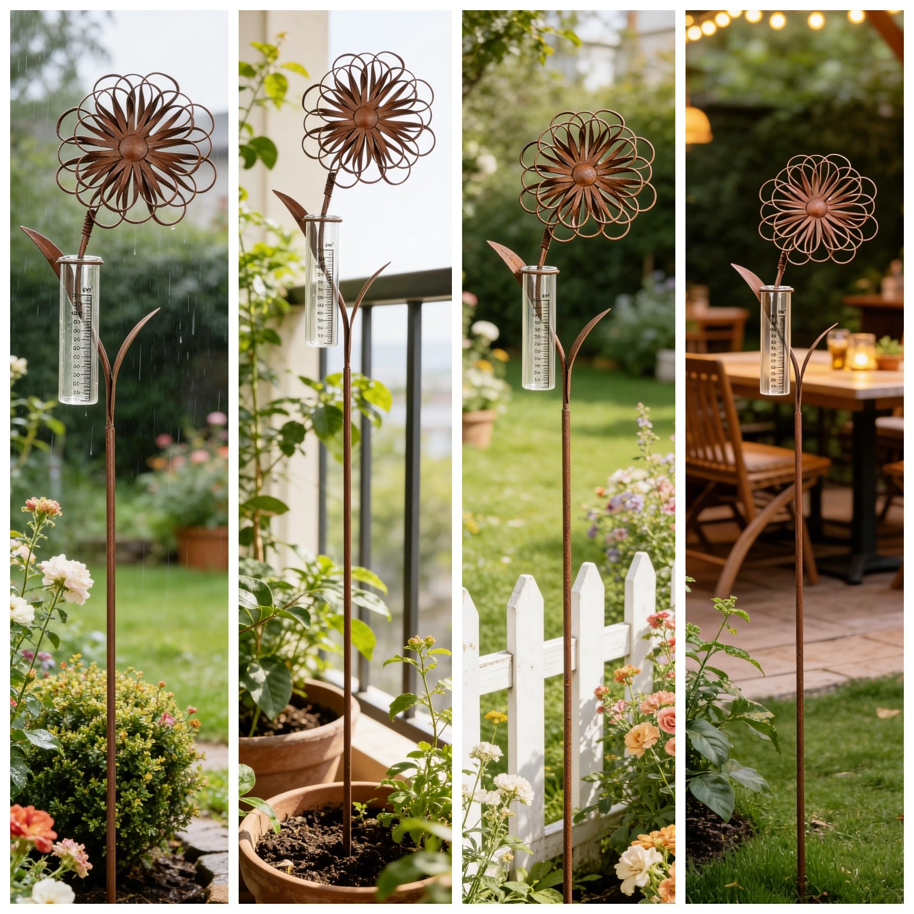 Pluviomètre de jardin résistant au gel avec baguette, précipitateur décoratif H 110 cm, pluviomètre en verre sur piquet de jardin, décoration florale résistante aux intempéries, pour balcon