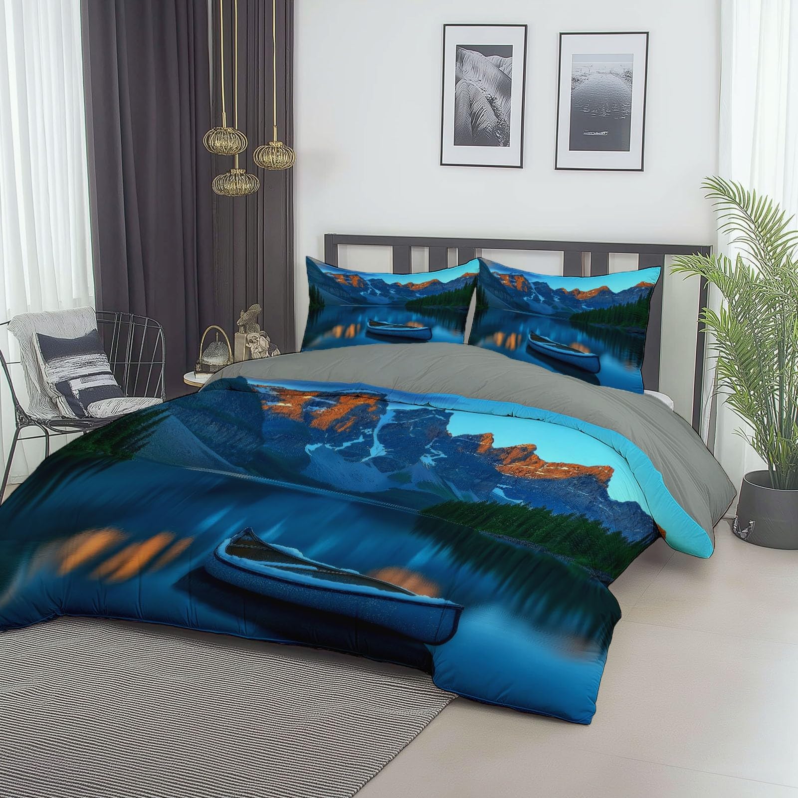 Poszwa na kołdrę Natura Jeziora Górskie Wzór 240x260 cm Dwustronny zestaw pościeli z nadrukiem z 2 poszewkami na poduszki Szary Zestaw pościeli z mikrofibry na 4 pory roku