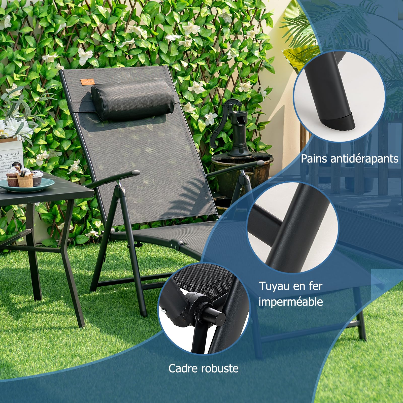 COSTWAY Chaise Longue Pliante, Transat Inclinable Portable avec Dossier Réglable sur 7 Positions, Bain de Soleil avec Accoudoir, Repose-Tête, Extérieur pour Piscine, Jardin, Balcon (Noir)