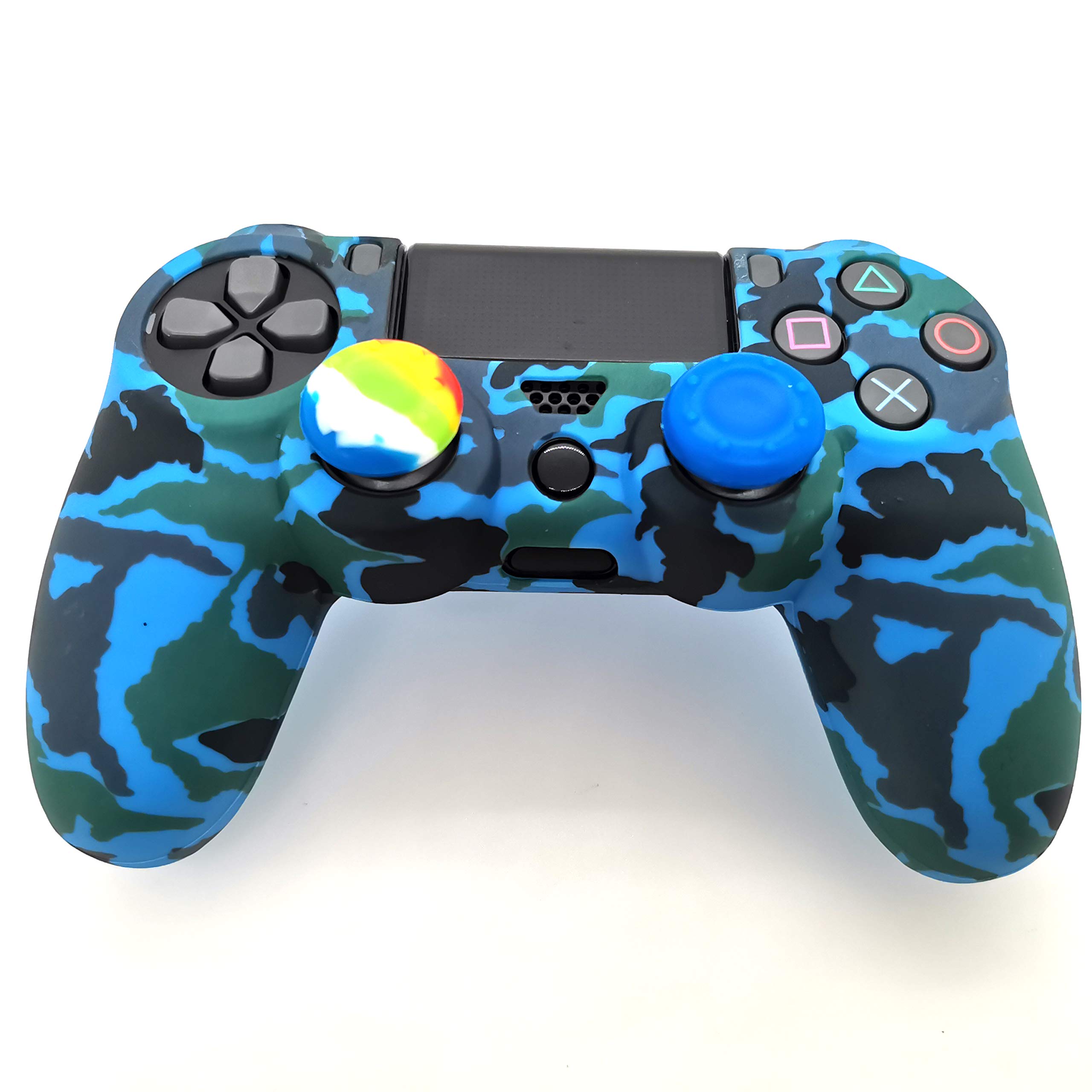Silikon-Schutzhülle für PS4 Controller (1 x rutschfeste Hülle, 1 Paar L2 R2 Trigger Extender, 4 Daumengriffe, LED-Lichtleisten-Aufkleber) Schutz DualShock PS4/Slim/Pro (blaue Tarnung)