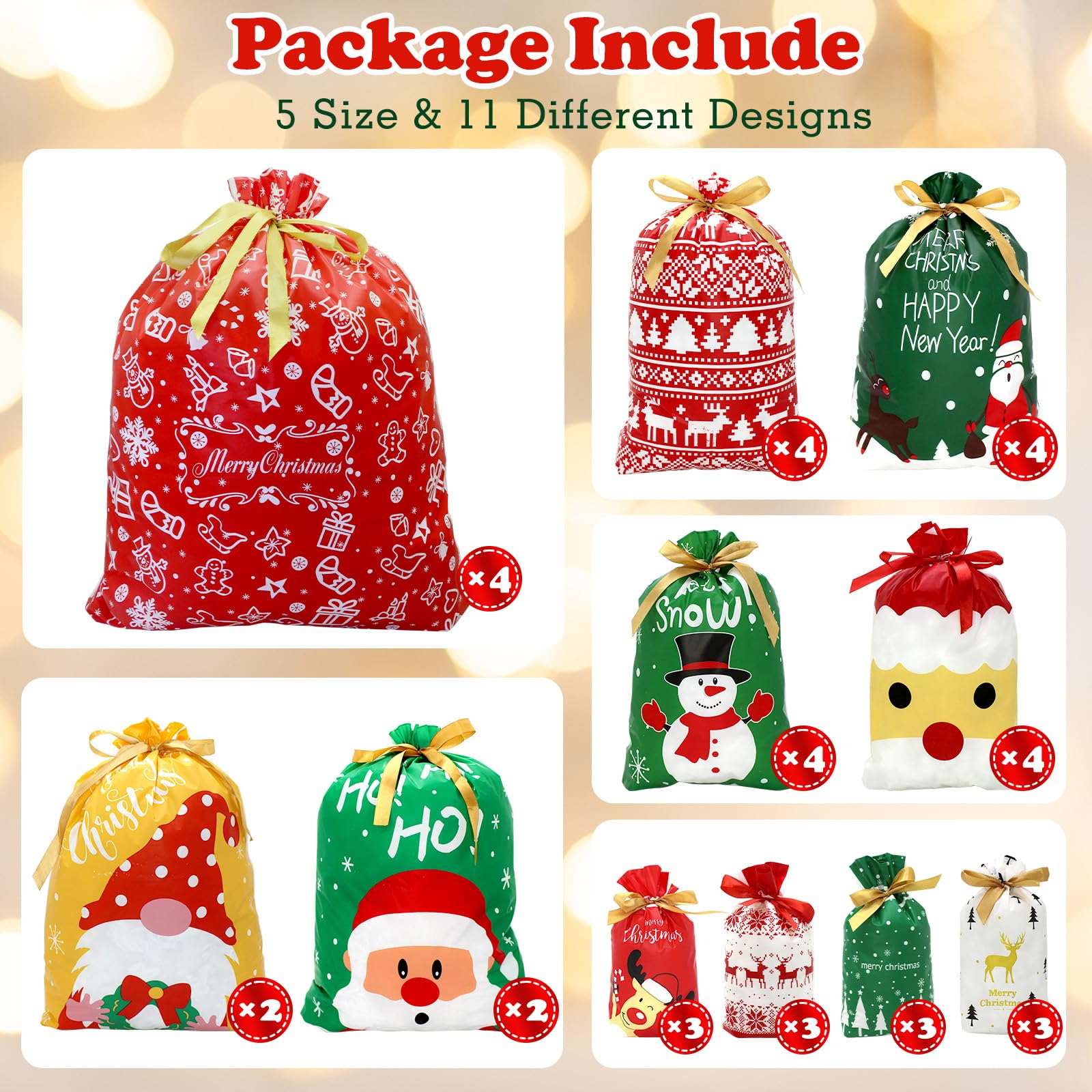 CH HAICHENG Lot de 36 sacs cadeaux de Noël réutilisables en plastique avec cordon de serrage - Tailles L, M, S