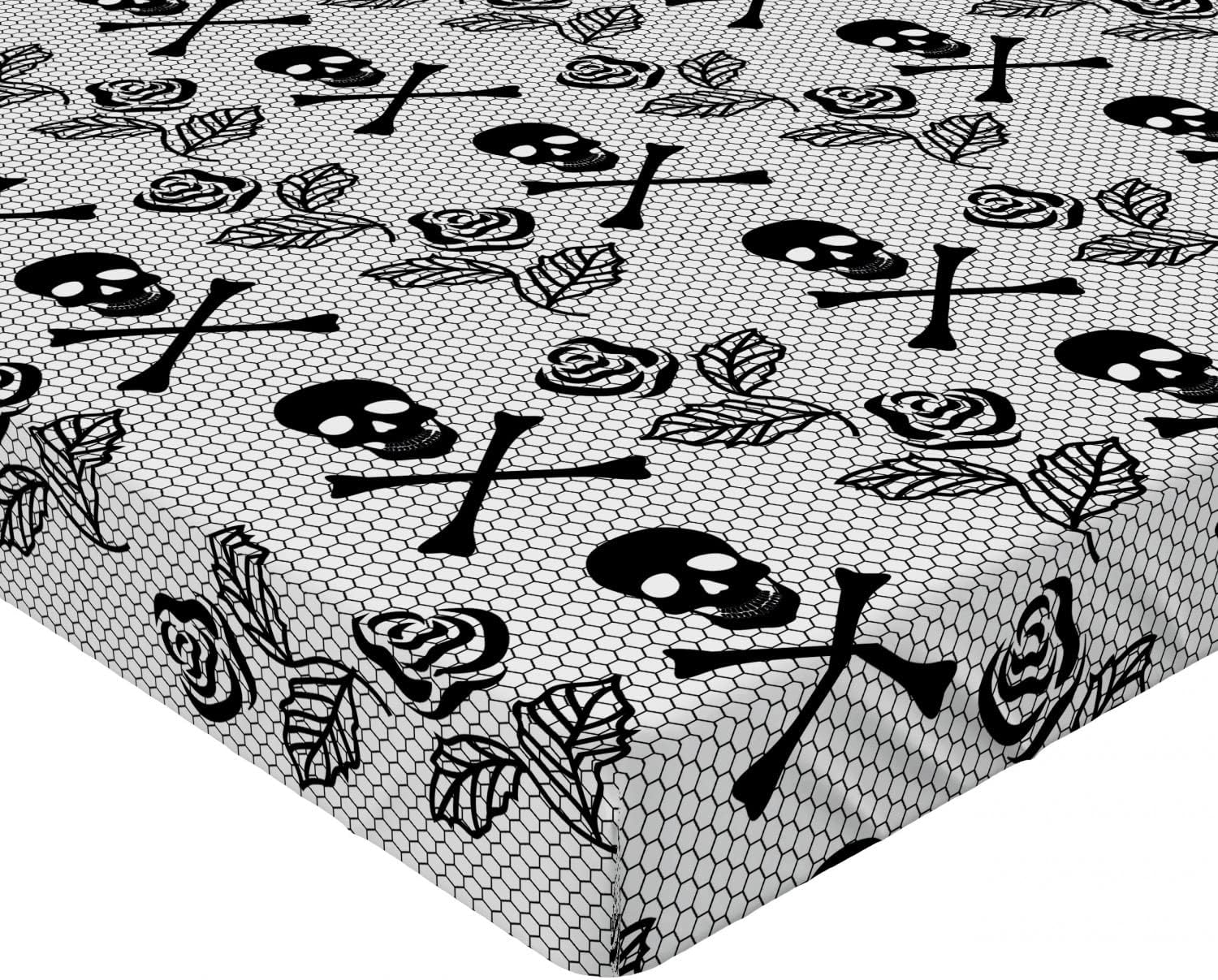 Ambesonne Gothic Fitted Sheet, Monochrome Lace Style Pattern with Romantic Vintage Roses and Skulls Crossbones, Bed Cover with All-Round Elastic Deep Pocket for Comfort, Queen Size, Black White