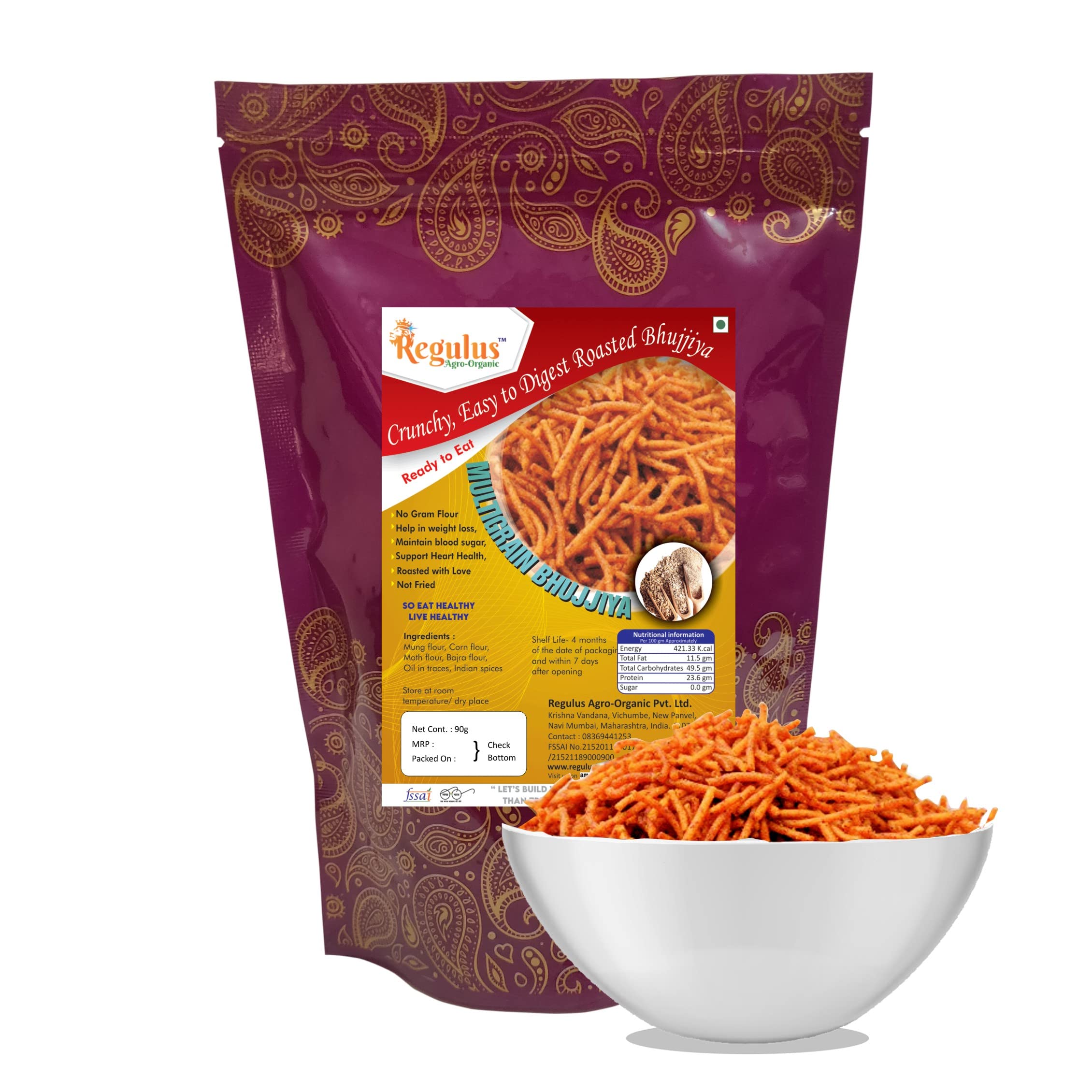 Regulus Agro Organic Roasted Multigrain Bhujiya Sev | Pack of 4 | 90g each | Healthy Snacks | Improves Digestion and Helps in Weight Loss | Ready to Eat Tea Time Snack | Healthy Diet