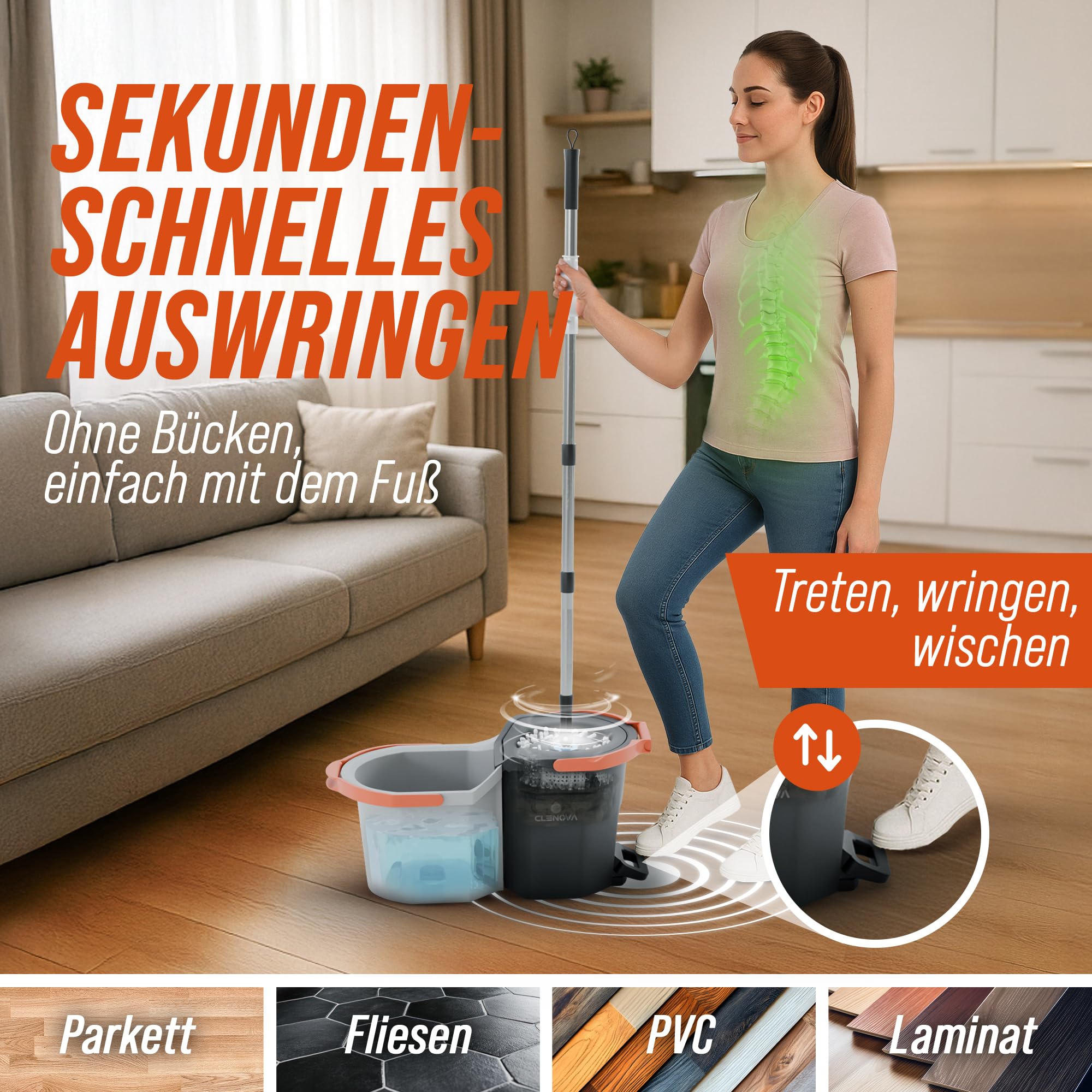Wischmopp Set mit Eimer [Schmutzwasser Trennung] Bodenwischer mit Pedal-Auswringfunktion & 2 Mikrofaserbezügen – Mop Set für alle Bodenarten