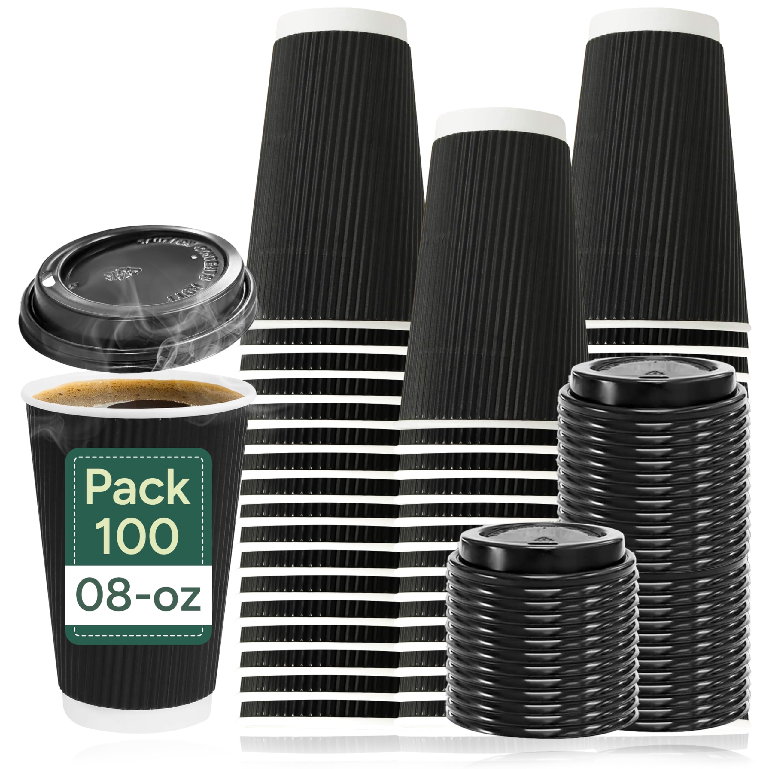 Zuvo - 100 x 8oz Disposable Coffee Cups with Lids | Triple Wall Ripple Black Paper Cups | Strong, Leakproof Takeaway Cups | Insulated Hot Drink Cups for Coffee, Tea & Cold Beverages