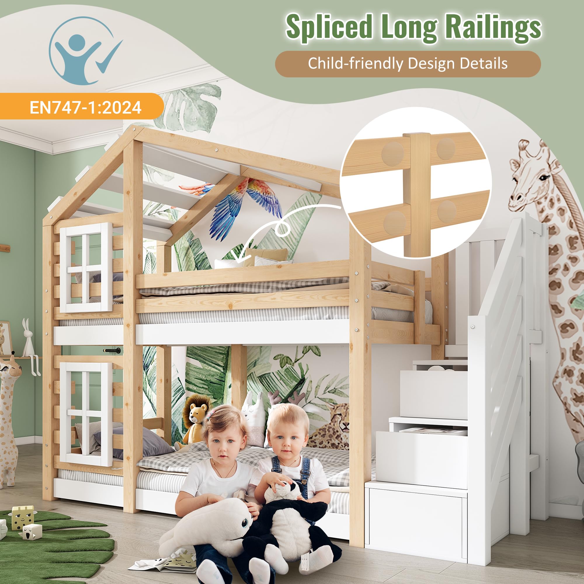 Rtopsu Letto per Bambini a Castello 90x200 cm, Letto per Ragazzi con Scaletta e Contenitore Cassetti, Letti a Soppalco con Sponde e Finestra, Letti con Rete a Doghe, Naturale e Bianco, Senza Materasso
