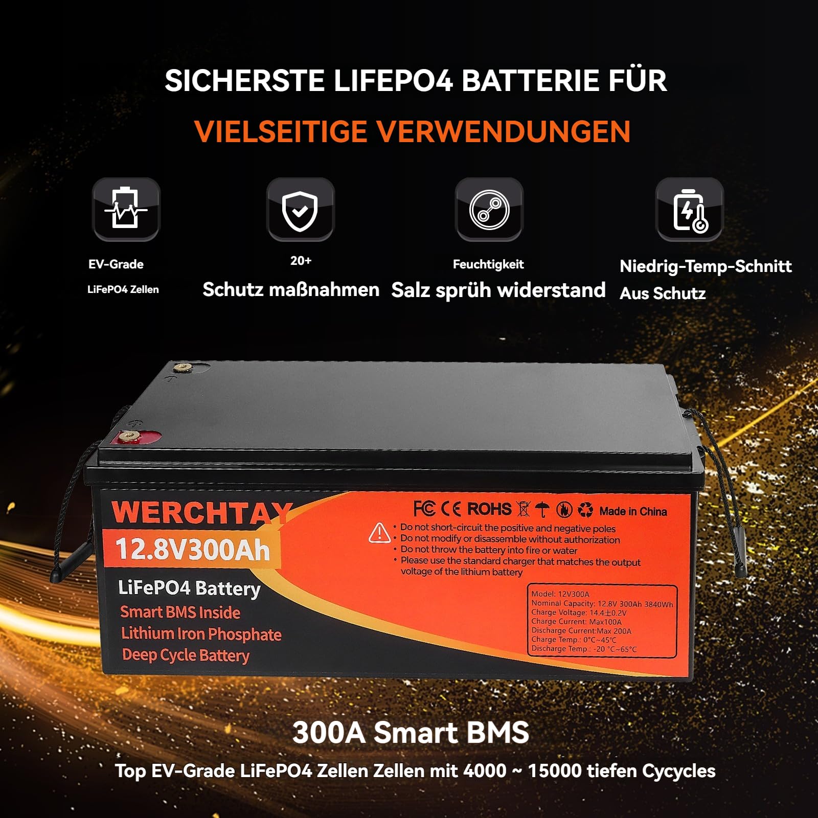 Batería LiFePO4 de 12 V 300 Ah con Bluetooth & Smart BMS 4000-15000 Ciclos Batería de Ciclo Profundo con protección de baja temperatura, autocaravanas, instalaciones solares, barcos, aplicaciones