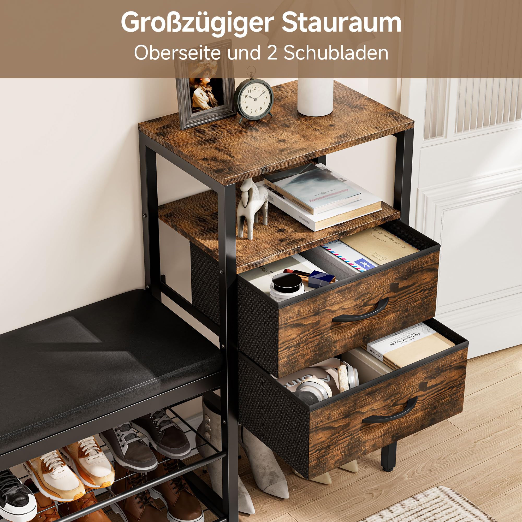 Gyfimoie Schuhschrank mit Sitzgelegenheit und Schublade, 2 Ebenen Schuhregal, Metallrahmen für Eingang Flur