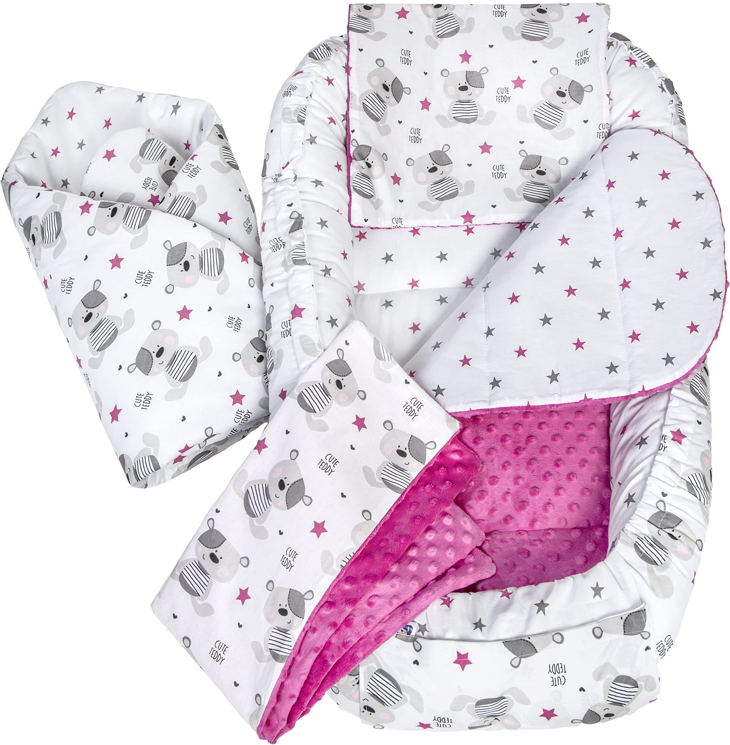 Medi Partners 5-Parti Nido per Bebè 100x60x15 Inserto Rimovibile Letto Cuscino Coperta bambini neonati 100% Cotone (Teddy con Minky rosa scuro)