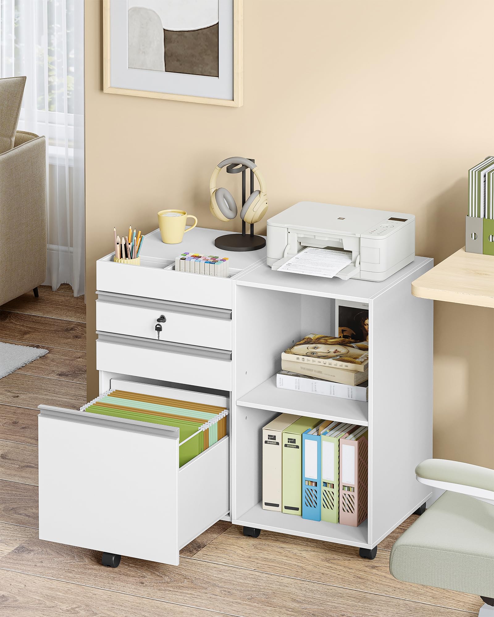 Hzuaneri Cajonera Escritorio, Archivador Móvil con Ruedas, 3 Cajones, 2 Estantes Ajustables, para Estudio, Oficina, Blanco FC42003X