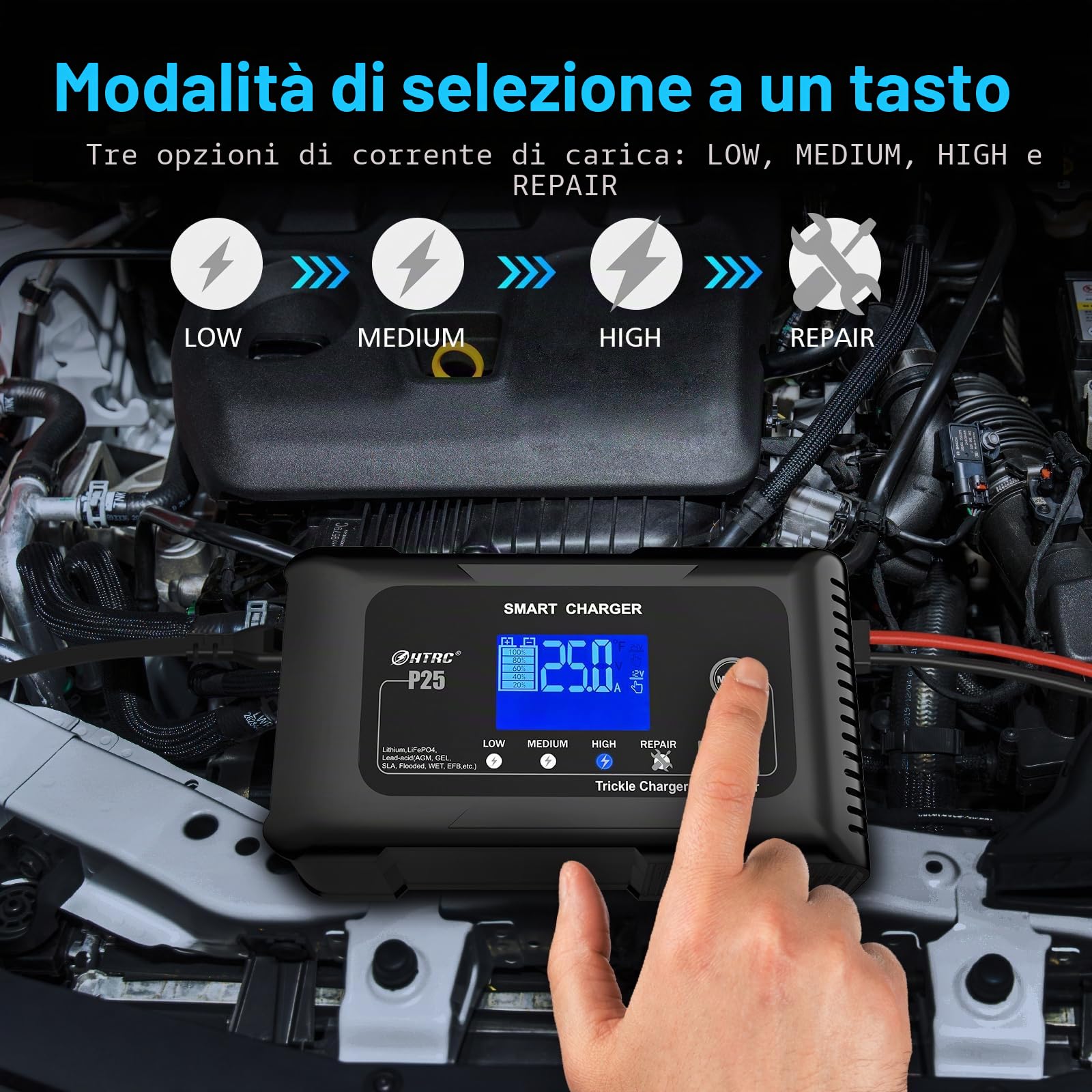 Haisito Caricabatterie da auto da 25 A, 12 V, 24 V, 25 A, caricatore di mantenimento e dispositivo di desolforazione, adatto per litio, LiFePO4, acido piombo (AGM, gel, EFB, MFecc.) moto, auto, barche