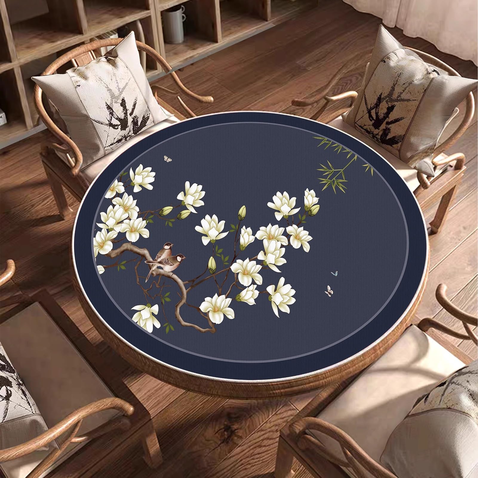 Tapis de Mahjong rond silencieux et réduction du bruit avec envers en caoutchouc - Grand tapis de jeu pour poker, cartes, société, jeux de carrelage - Bleu marine - 120 cm