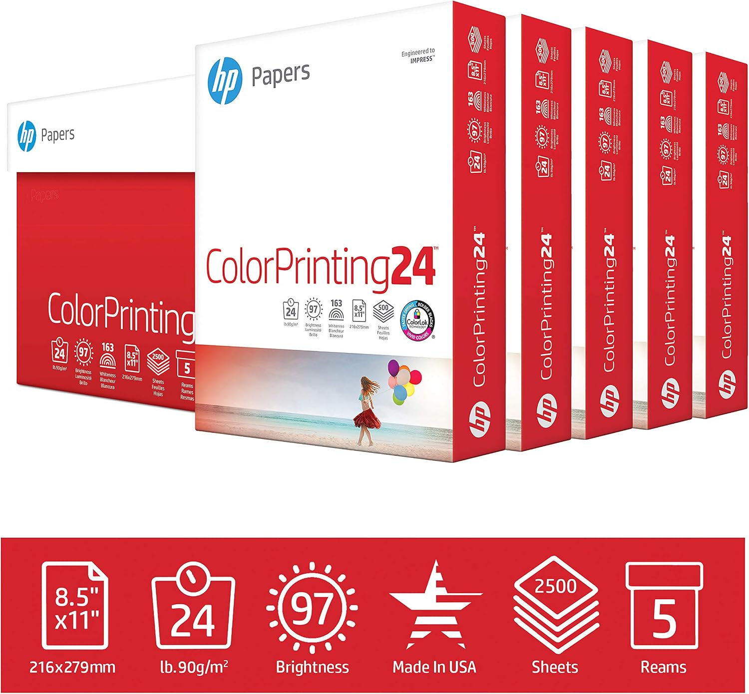 HP Printer Paper | 8.5 x 11 Paper | ColorPrinting 24 lb | 5 Ream Case - 2500 Sheets | 97 Bright | Made in USA - FSC Certified | 202000C