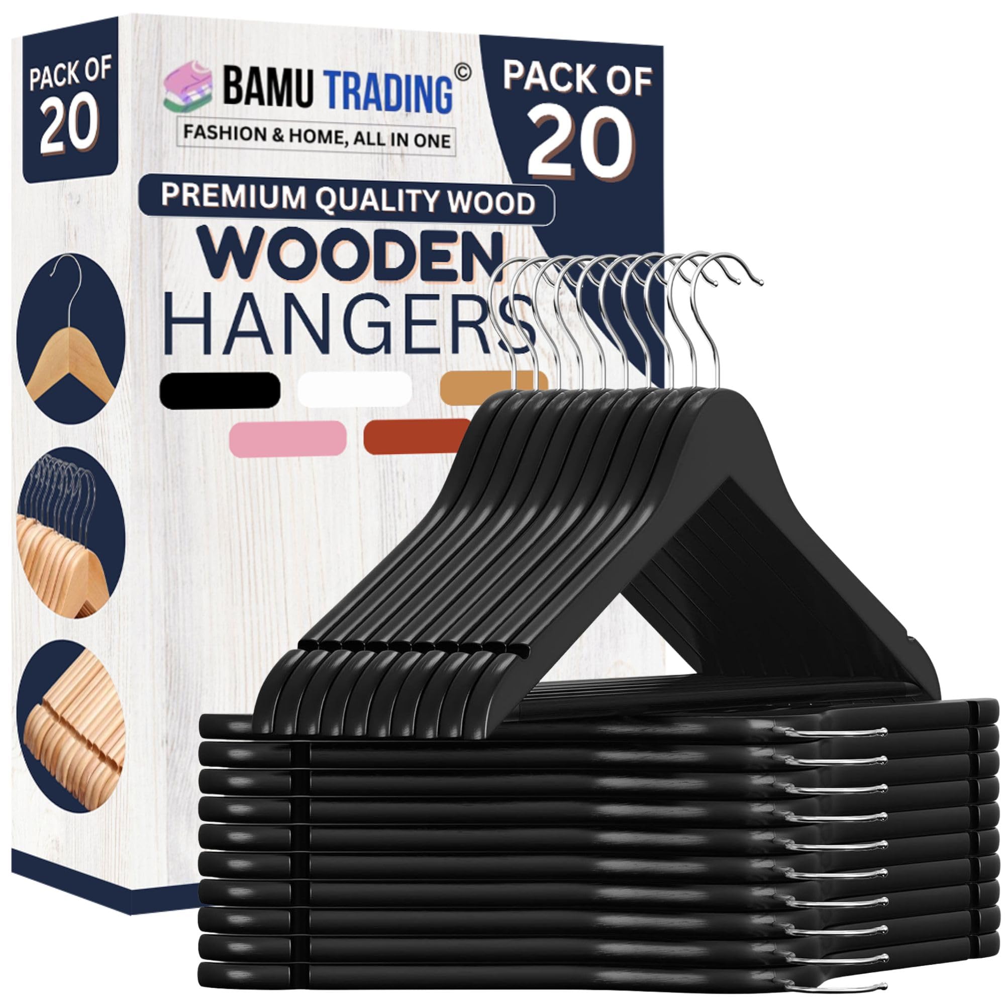 20 Wooden Hangers, Coat Hangers, Clothes Hangers, with Shoulder Notches, Trousers Bar, 360° Swivel Hook, for Suits, Shirts, Coats, Natural Pack of 20 (20 Pack Black)