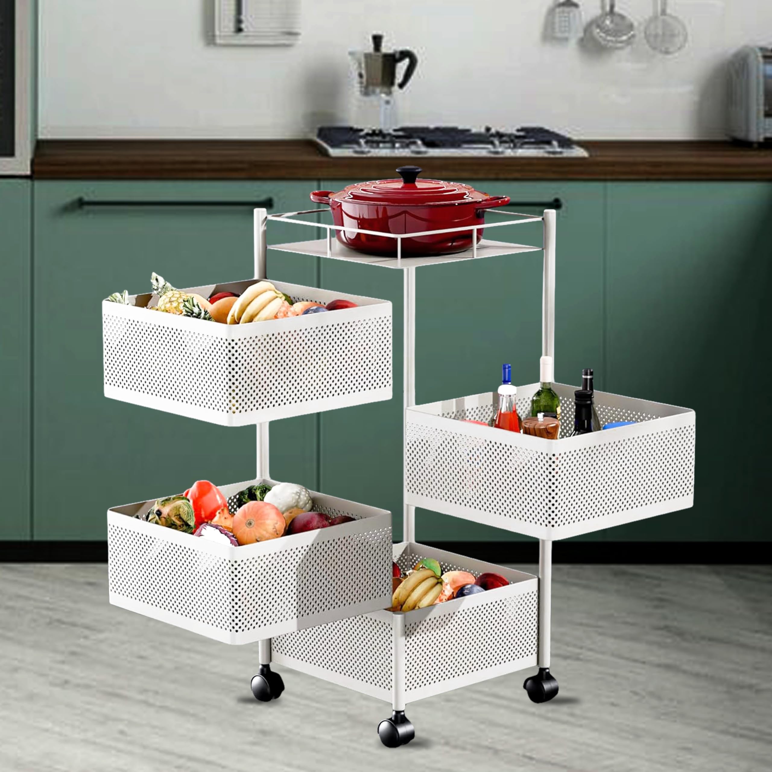 Privesh Metal Kitchen Rotating Trolley Portable Storage Rack Square Design Fruits & Vegetable Onion Cutlery, Spice, Jars Container Basket Organizer Holder Stand for Kitchen (White, 4 Layer)-image-45