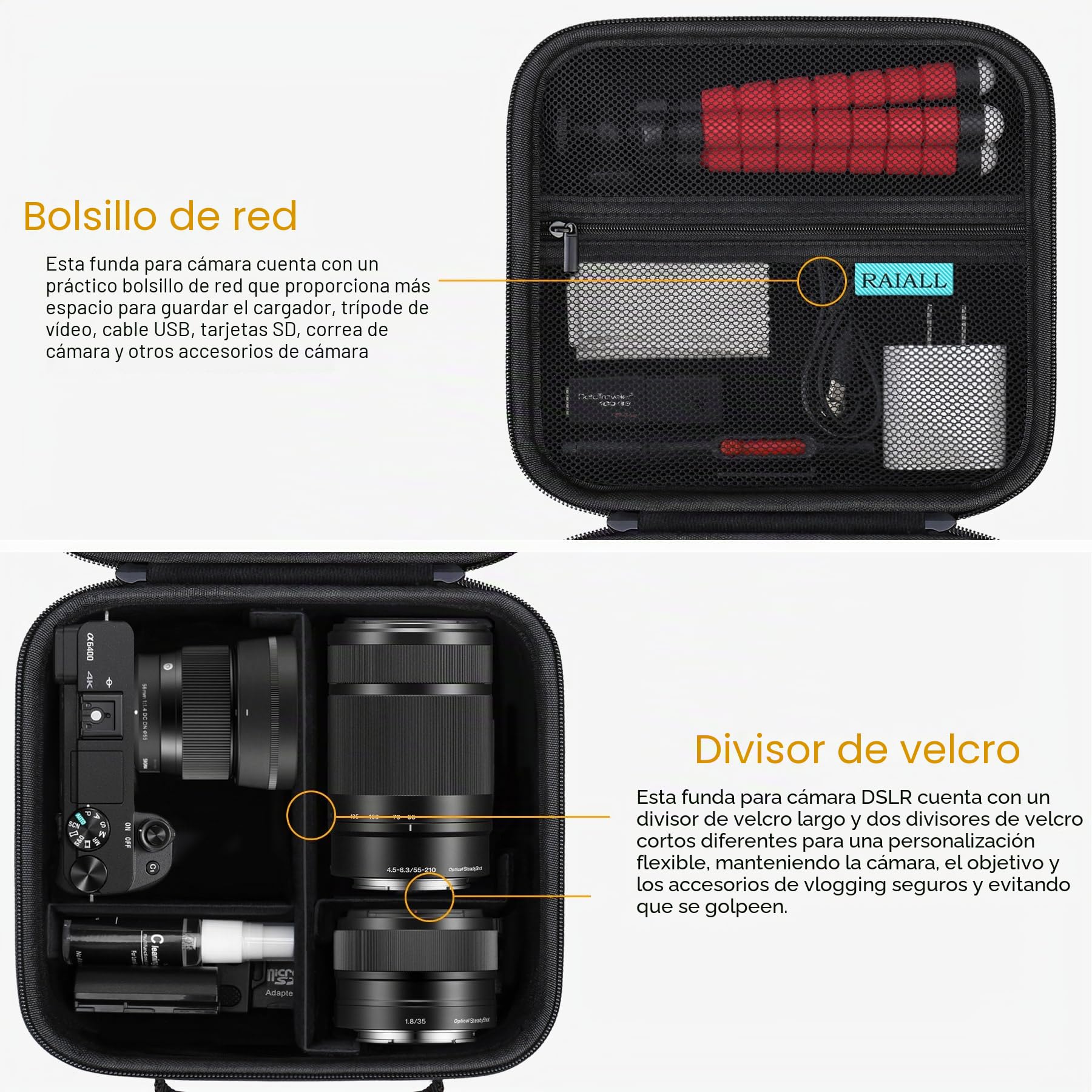 RAIALL Funda para cámara Sony Alpha a6000/a6100/a6400/ZV-E10/ Sony Alpha 7 II III IV/7R V sin espejo y objetivo, bolsa de viaje rígida para cámara vlog con correa para el hombro y 3 separadores, negra