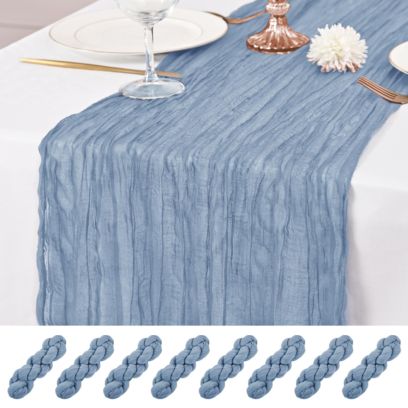 8 Pcs Dusty Blue Cheesecloth Table Runner, 21x120 inch Blue Table Runner Rustic Gauze Romantic Long Sheer Fabric 10Ft Cheese Cloth Table Runners for Wedding Party Bridal Baby Shower — image 1