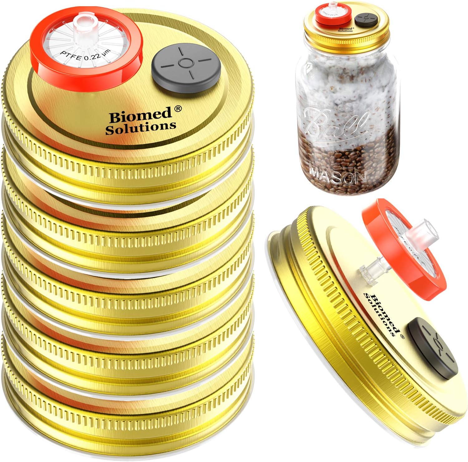6 Pcs Regular Mouth Liquid Culture Lids Wheat Jar Lid with 0.2 Micron PTFE Syringe Filter and 20mm Self Healing Injection Ports for Growing Mycology