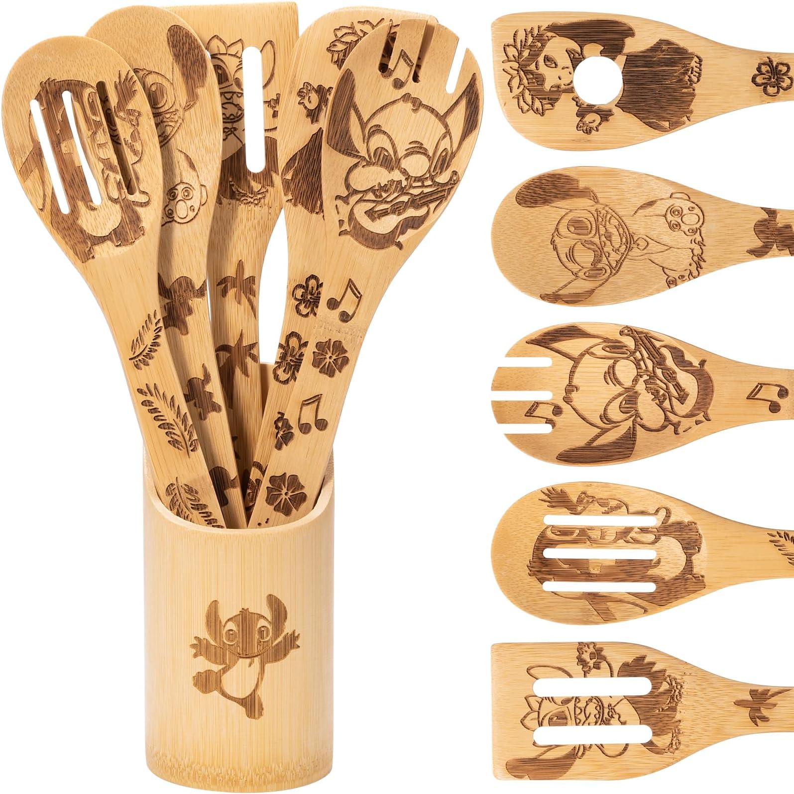 Bamboo Wooden Spoons for Stitch Cooking Kitchen,Lilo Premium Quality Cartoon Spoons Wooden Utensil Set,6 PCS Fun Kitchen Cookware Set Accessories Gifts Idea for Women Housewarming Birthday Anniversary