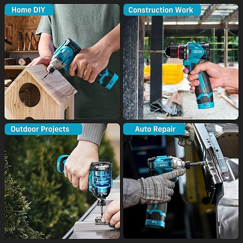 Miniatura 7 de SEESII Taladro y Destornillador de Impacto Inalámbrico de 16.8V sin Escobillas Kit de Herramientas Eléctricas Combinado 2 Baterías de 2.0Ah con