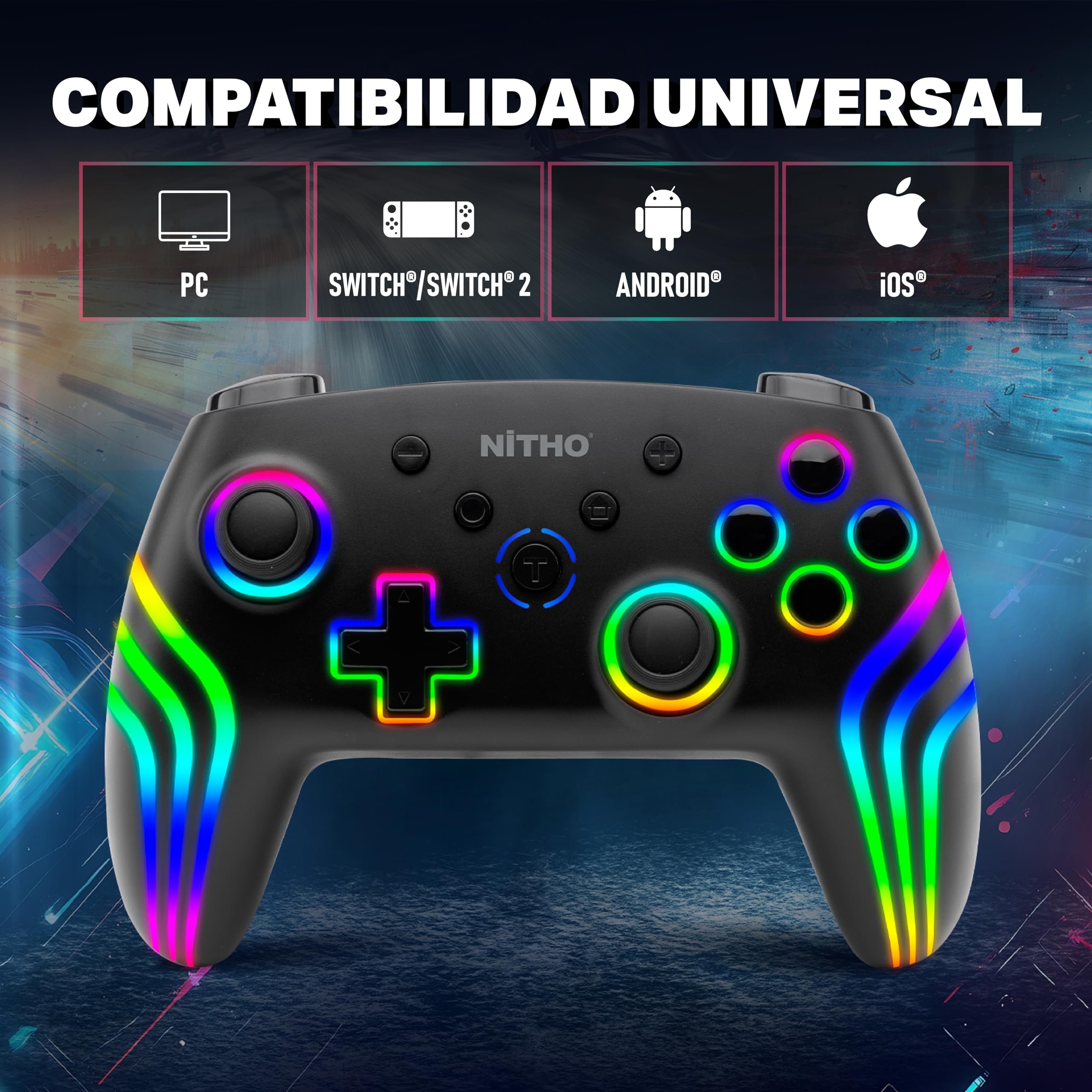NITHO NEXUS DARK OPS Mando Inalámbrico Compatible con Switch/Switch 2/PC/Android/iOS, Gamepad con Giroscopio de 6 Ejes, Luz LED RGB, Vibración Dual, Turbo, Joystick con Diseño Ergonómico - Negro