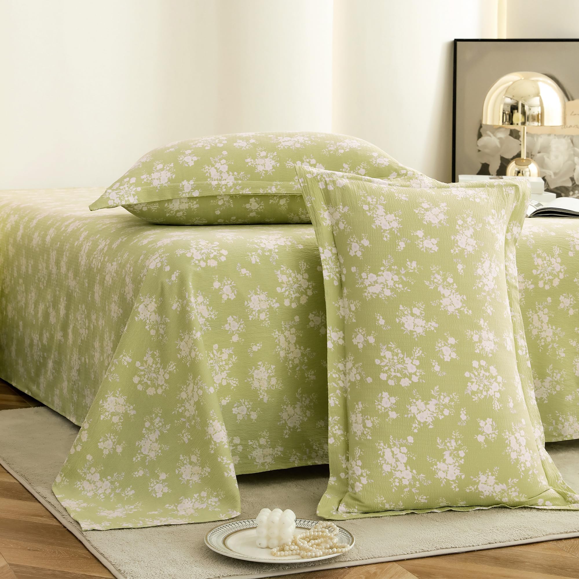Story@Home King Size Air Cotton Bedsheet 240 TC Flat Sheet with 2 Pillow Covers, Soft & Durable Bed Sheet for King Bed (270 x 250 cm, Floral Print, Green & White)