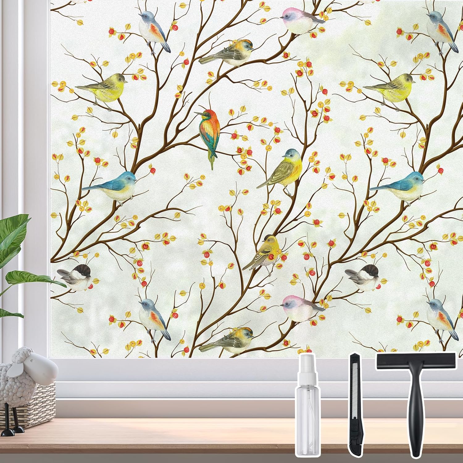 DKTIE Privacy Window Film Decorative with Installation Tools, Frosted Bird Glass Film Static Cling Opaque Window Stickers for Door Glass Bathroom Kids Study Room 35.4In. by 78.7In. A 35.4" × 78.7" (with tools & stickers)