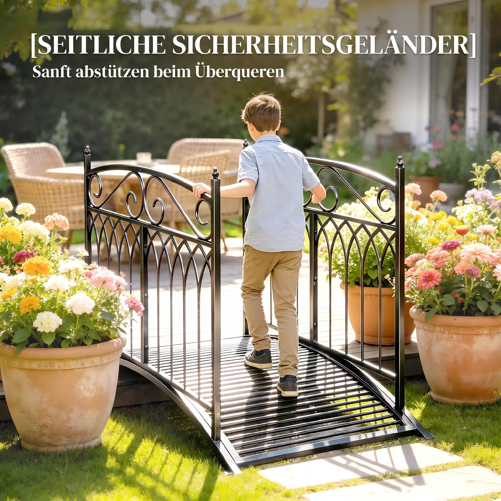 Outsunny Gartenbrücke aus Metall 135,5 cm Teichbrücke mit Sicherheitsgeländern Antik-Optik Rostbeständig Stabil Metallbrücke dekorative Zierbrücke Brücke für Bach Teich einfache Montage